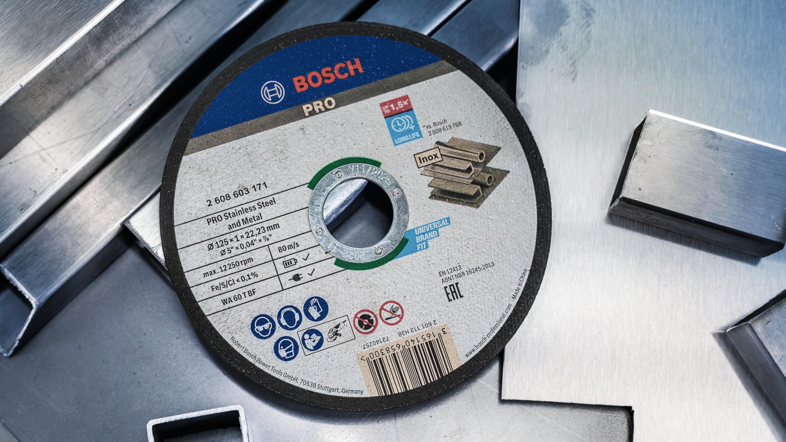Bosch 100x Disco de corte abrasivo PRO Stainless Steel and Metal de larga vida útil, diámetro interior de 22,23 mm (para Acero, Acero inoxidable, Ø 115 mm, Professional Accesorios Amoladora pequeña)