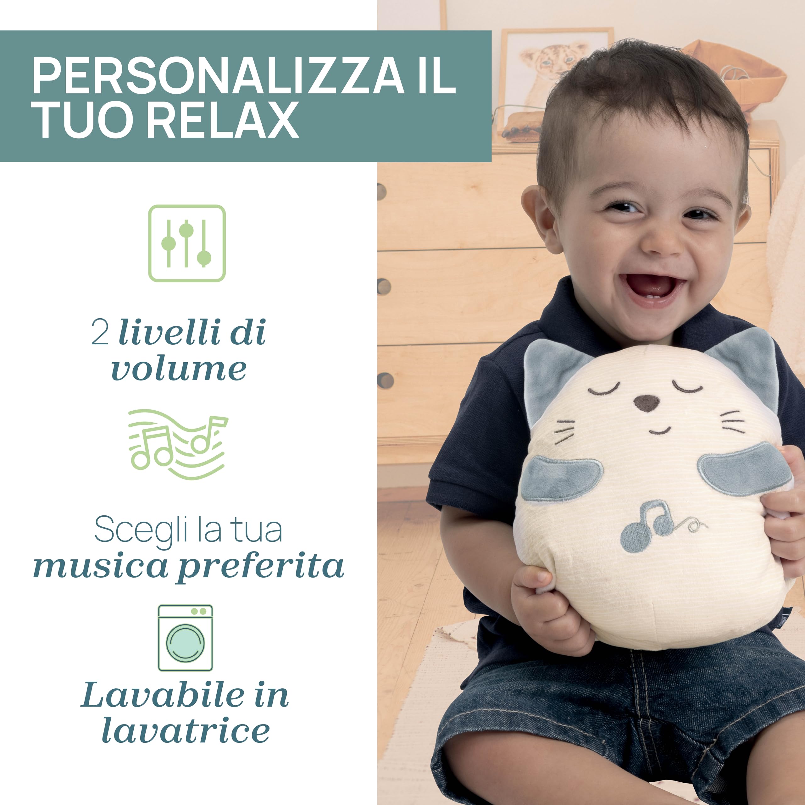 Chicco, Gatito Ronroneador, Peluche Electrónico Interactivo, Reproduce el Sonido y Las Vibraciones de los Ronroneos del Gato, Música Clásica, Tacto Suave, Lavable en Lavadora, Juguete Bebés +0 Meses