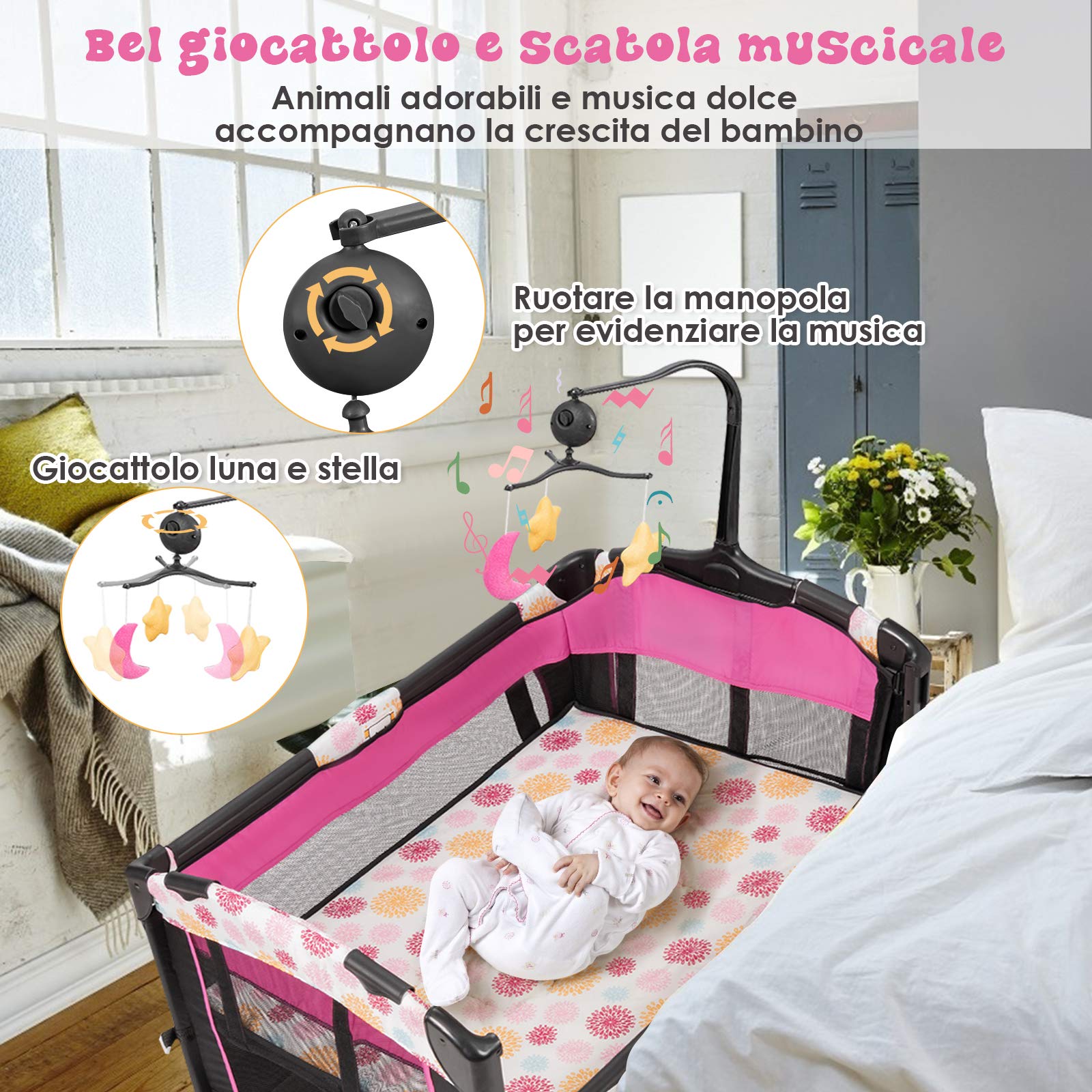 COSTWAY 3 in 1 Lettino da Campeggio per Bambini, Culla per Neonati con Materasso Pieghevole, Fasciatoio, Giocattoli e Ruote, Box per Bambini 0-36 Mesi, 107 x 72 x 119 cm (Rosa)