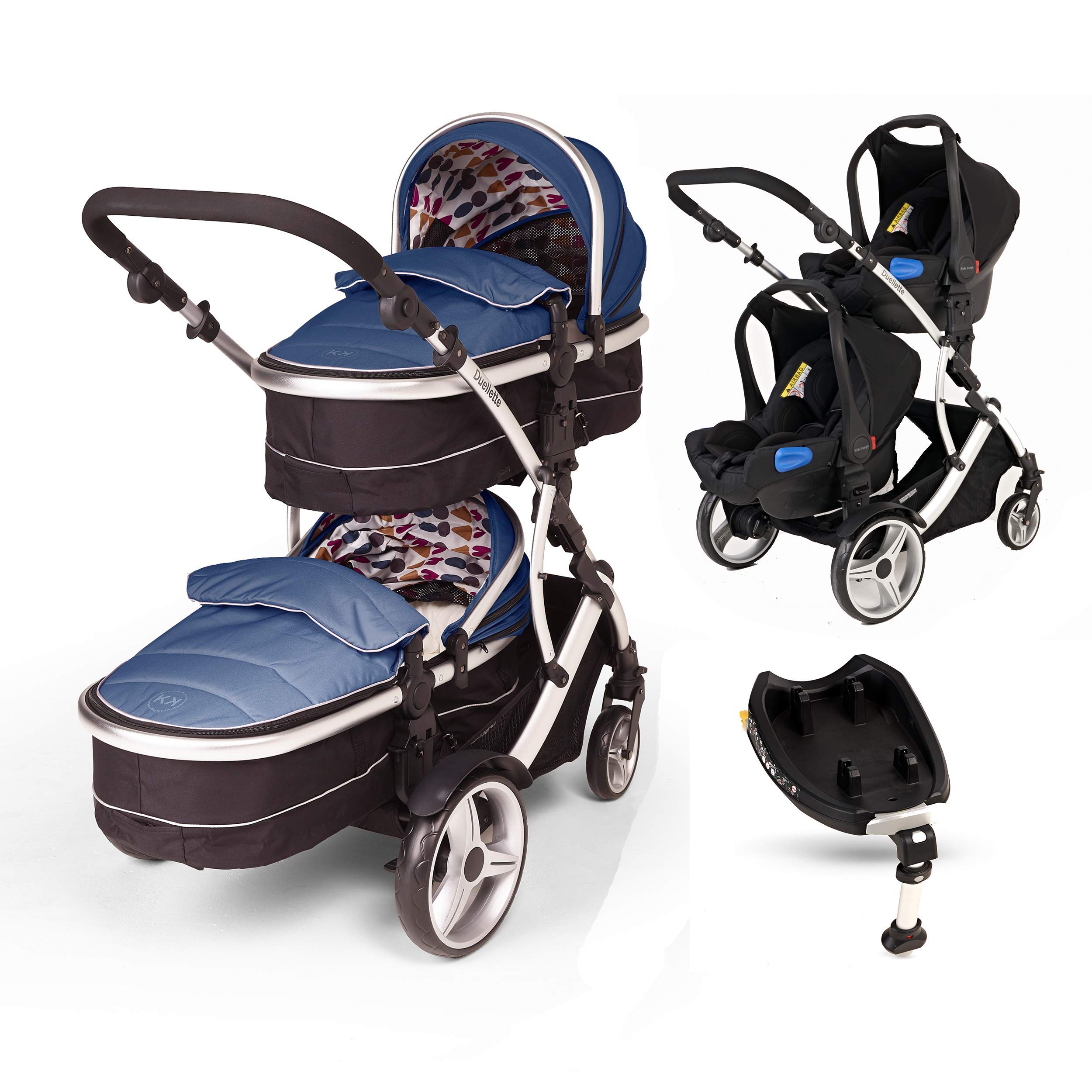 Kids Kargo Double Tandem Duellette Twins + 2 Isofix Car Seats and Bases (Blueberry)
