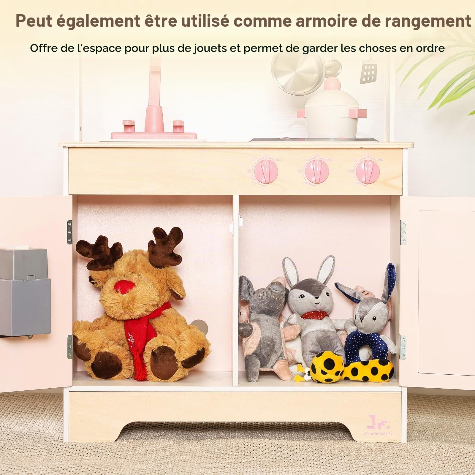 SainSmart Jr. Cuisine de jeu en bois pour enfants – Ensemble de cuisine de qualité supérieure pour tout-petits – Comprend une cuisinière, un réfrigérateur et des accessoires pour filles, rose