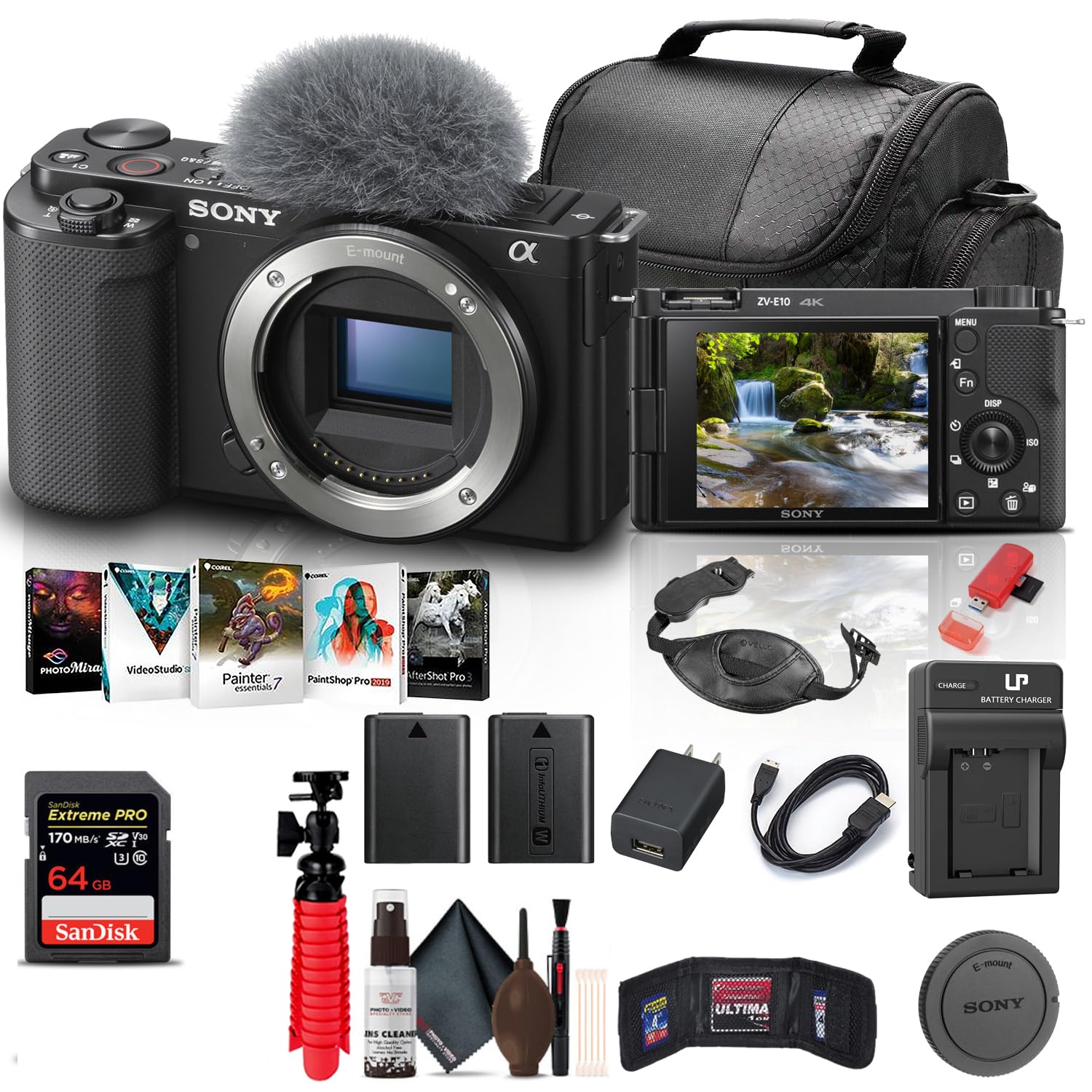 Sony ZV-E10 Mirrorless Camera (Body Only, Black) (ILCZV-E10/B) + 64GB Card + Photo Software + Bag + NPF-W50 Battery + External Charger + Card Reader + HDMI Cable + Flex Tripod + More