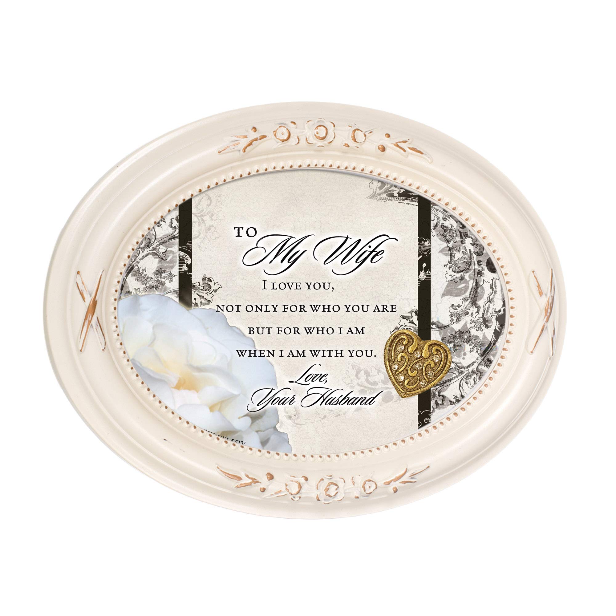 Cottage Garden to My Wife I Love You Distressed Ivory Floral 5 x 7 Oval Table and Wall Photo Frame