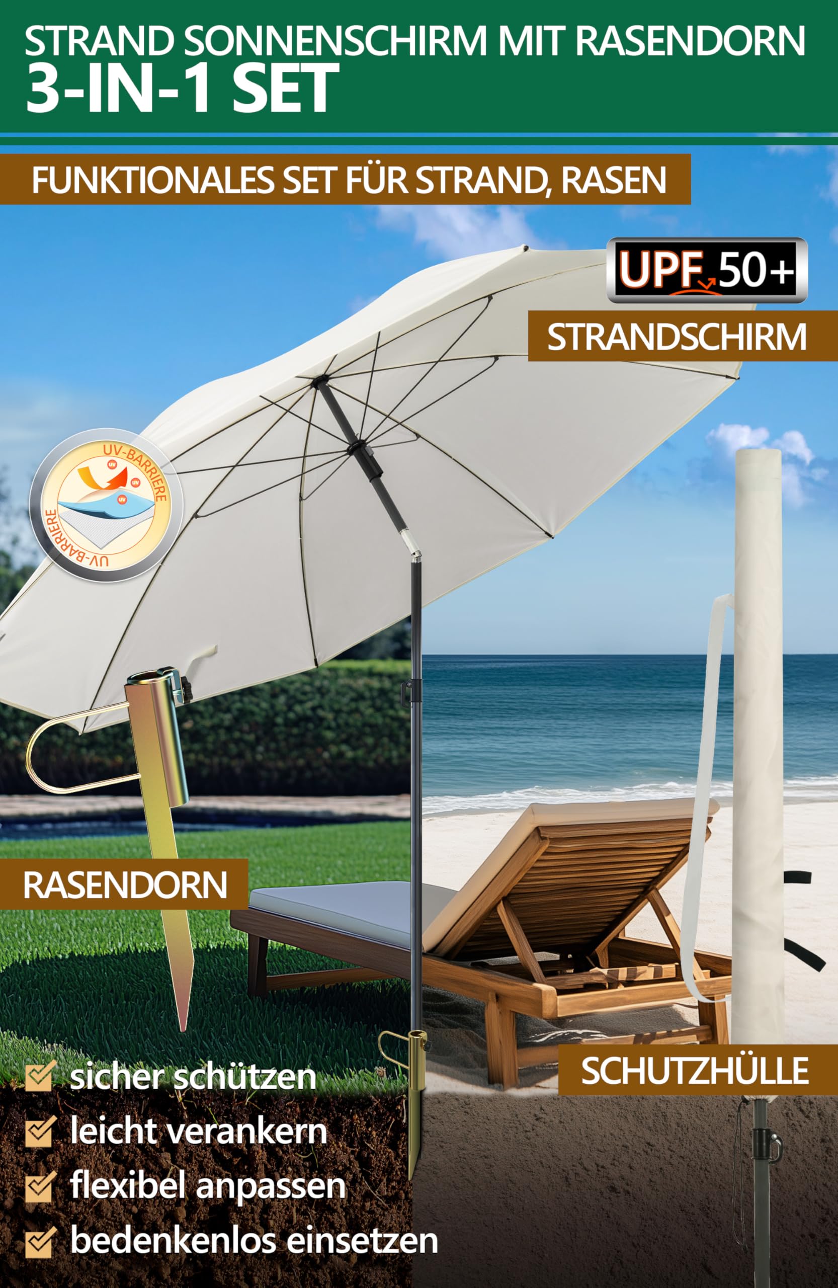 4smile Sonnenschirm Strand SunnyJoy Modern im 3er-Set, Beige - Strandschirm windfest stabil 180 cm + Rasendorn Sonnenschirmhalter + Schirmhülle - Sonnenschirm mit Rasendorn, Schirmspieß Garten