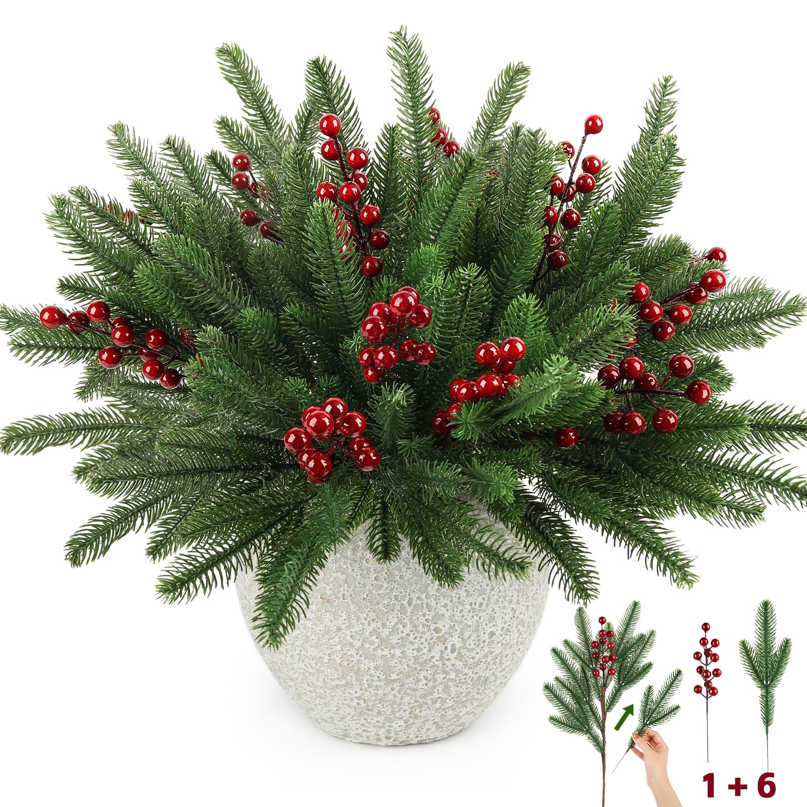 Künstliche Tannenzweige mit roten Beerenstielen, 45,7 cm, künstliche grüne Weihnachtsspieße, fühlen sich echt an, künstliche Blumenblätter für Weihnachtsdekorationen, Innenbereich, Bastelgirlande