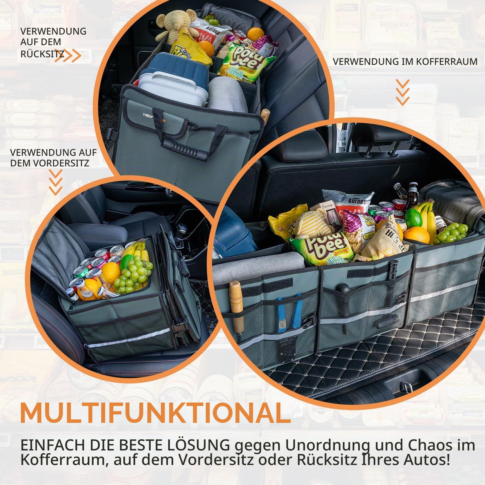 HEYTRIP Großer Kofferraum-Organizer mit eingebauter, auslaufsicherer Kühltasche, 2 Spanngurte, 4 abnehmbare Trennwände, faltbare Abdeckung, gebaut mit 2 mm PE-Platte, Grau