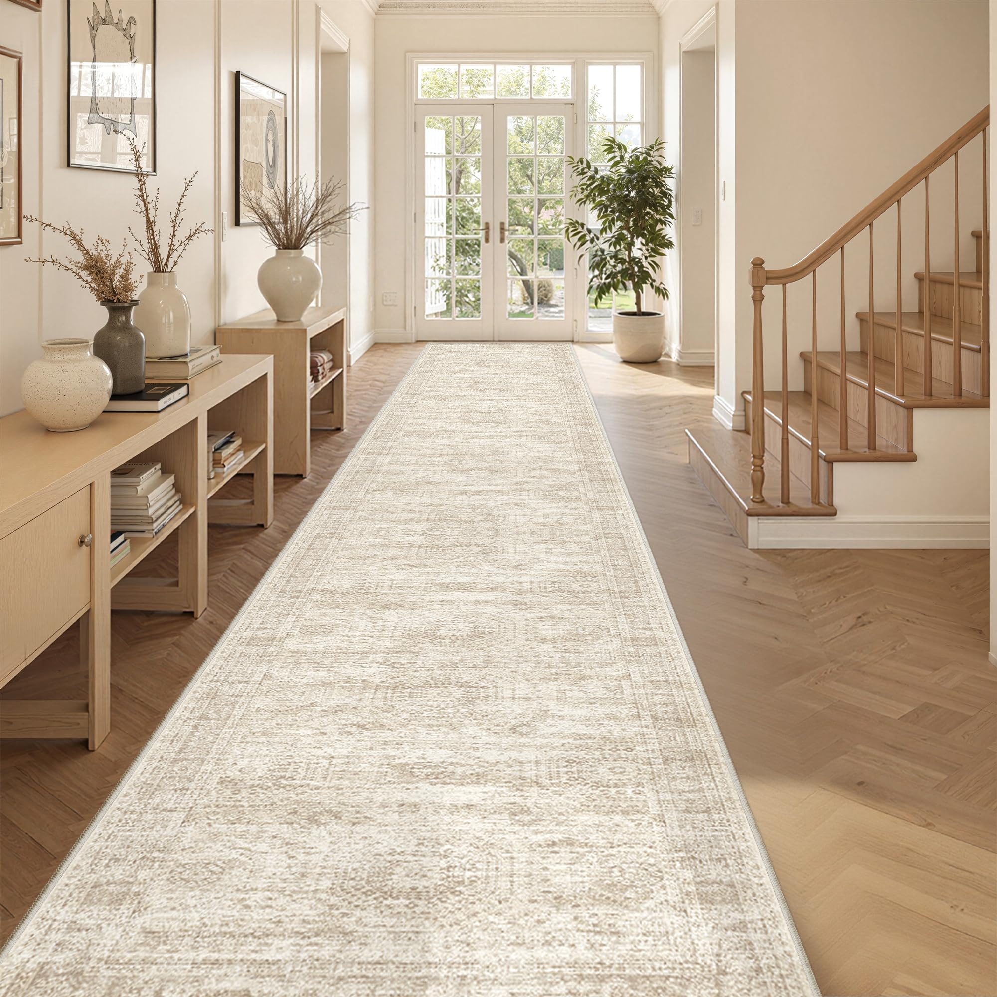 Photo 1 of Restydon 3x20 Washable Runner Rug for Hallway, Non-Slip Long Hallway Runner for Entryway, Soft Vintage Kitchen Mats for Floor, Abstract Dining Room, Bedroom, Living Room Rugs(3'x20', Beige/Ivory)