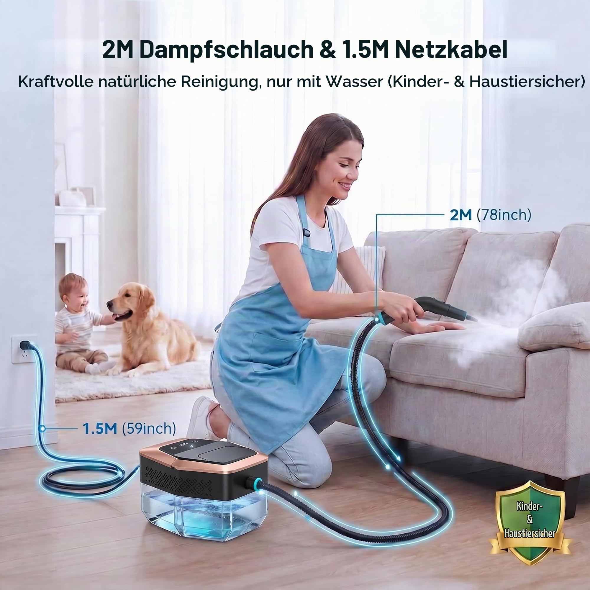 Dampfreiniger Handgerät Handdampfreiniger Dampfreiniger für Alles Steam Cleaner Handlicher für Fußboden, Sofa, Polste, Auto, Profi, Fenster, 15 Sekunden Aufheizzeit und 1,8L Großer Tank, 4 Bar
