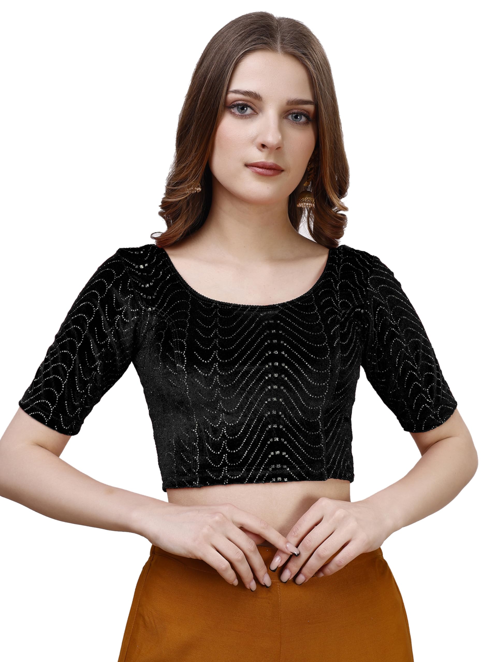 Pujia Mills Women's Readymade Hosiery Velvet Lycra Stretchable Round Neck Half Sleeve Blouse With Jari Work Fancy Black Color Lycra Stretchable Blouse For Women Readymade Saree Blouse