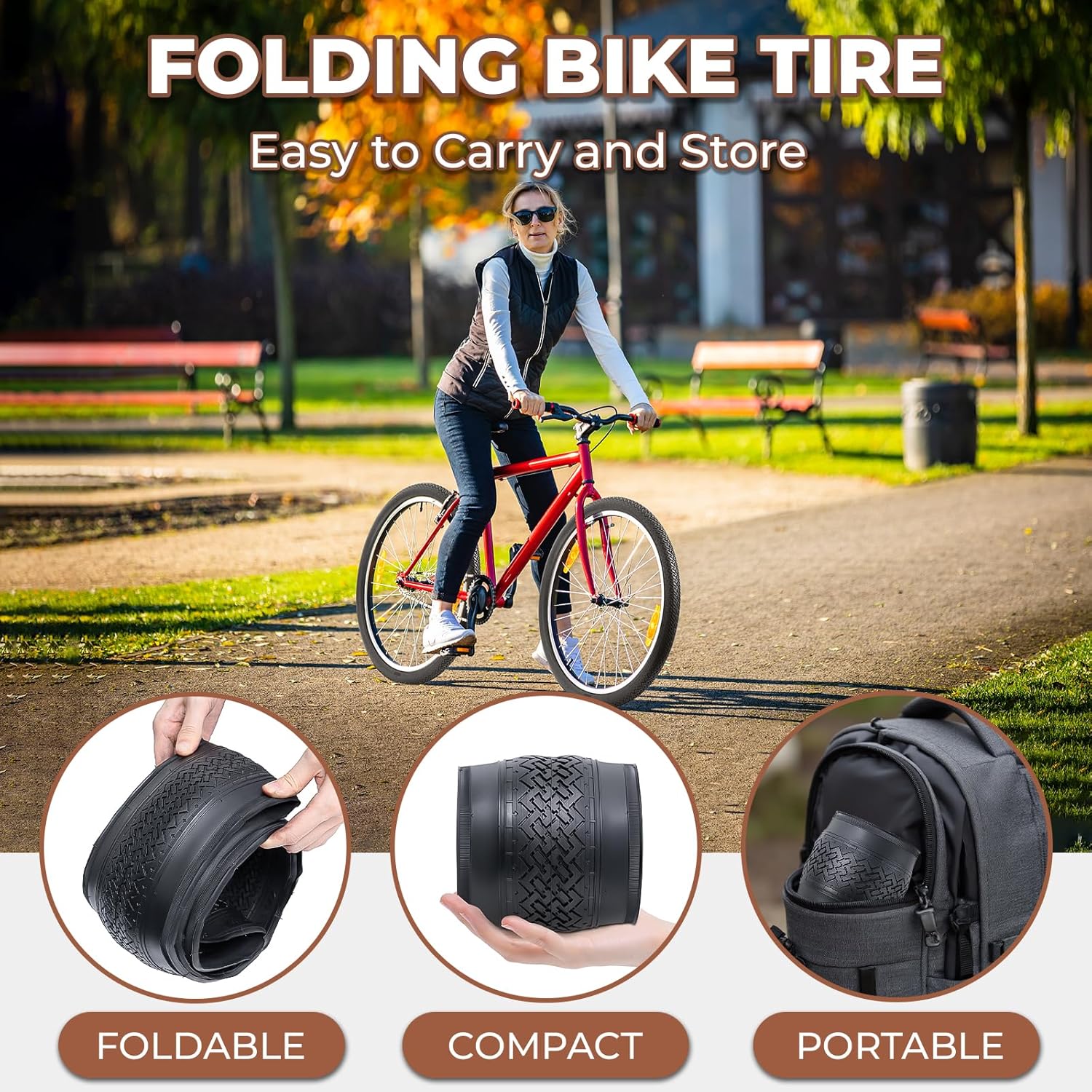 2 Pcs, 24x1.75 Bike Tires, Durable Folding 24 Inch 47-507 24x1.75 Road Bicycle Tires, Replacement Bike Tires for Road Cruiser Bicycle, Clincher