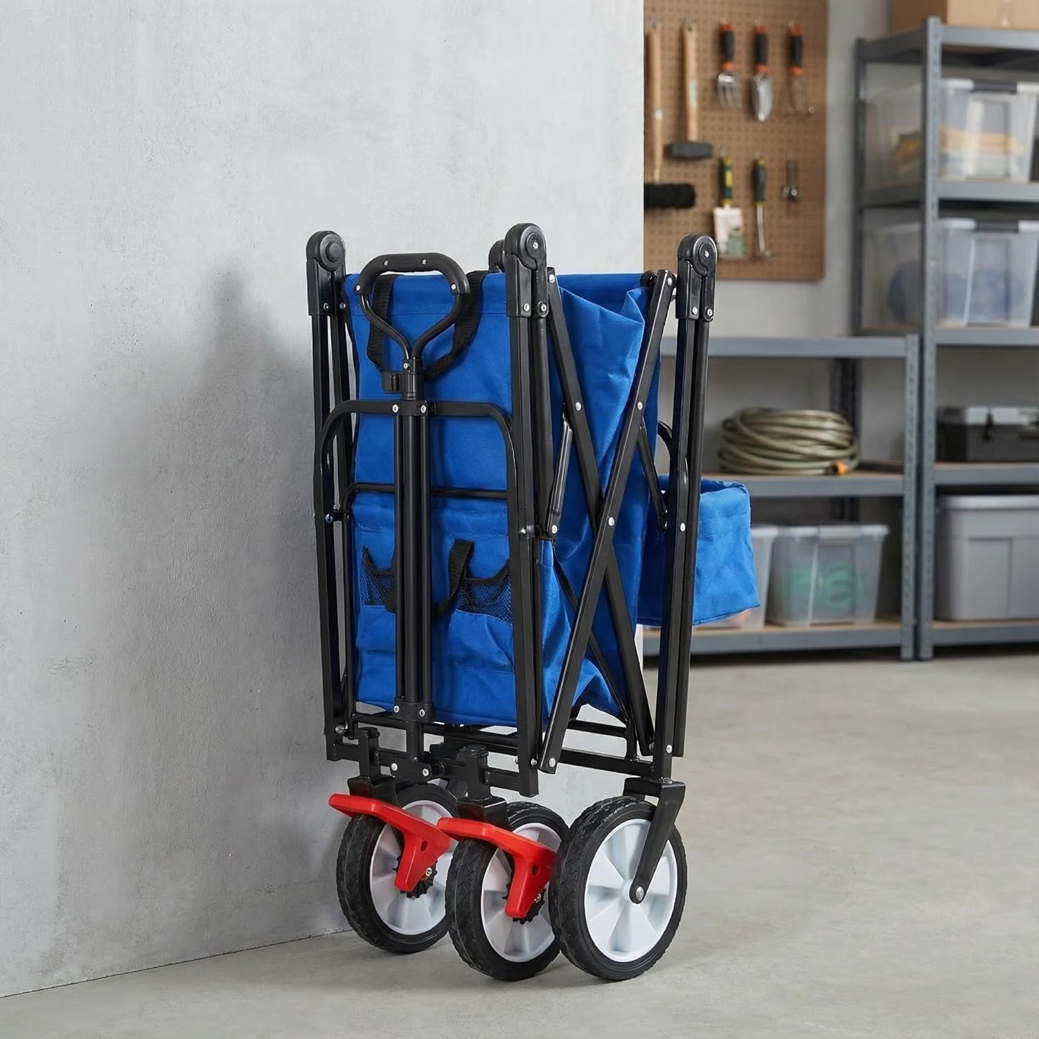 Collapsible Folding Wagon Cart, Heavy Duty Outdoor Utility Grocery Trolley with Adjustable Handle & Drink Holders, Portable Rolling Transport for Beach Park Camping, Blue