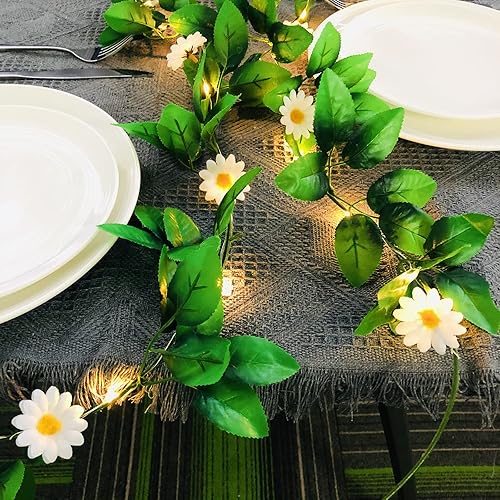 Sezrgiu Guirnalda de luces artificiales de crisantemo de margaritas colgantes, guirnalda de vides de simulación de seda, luz solar alimentada por