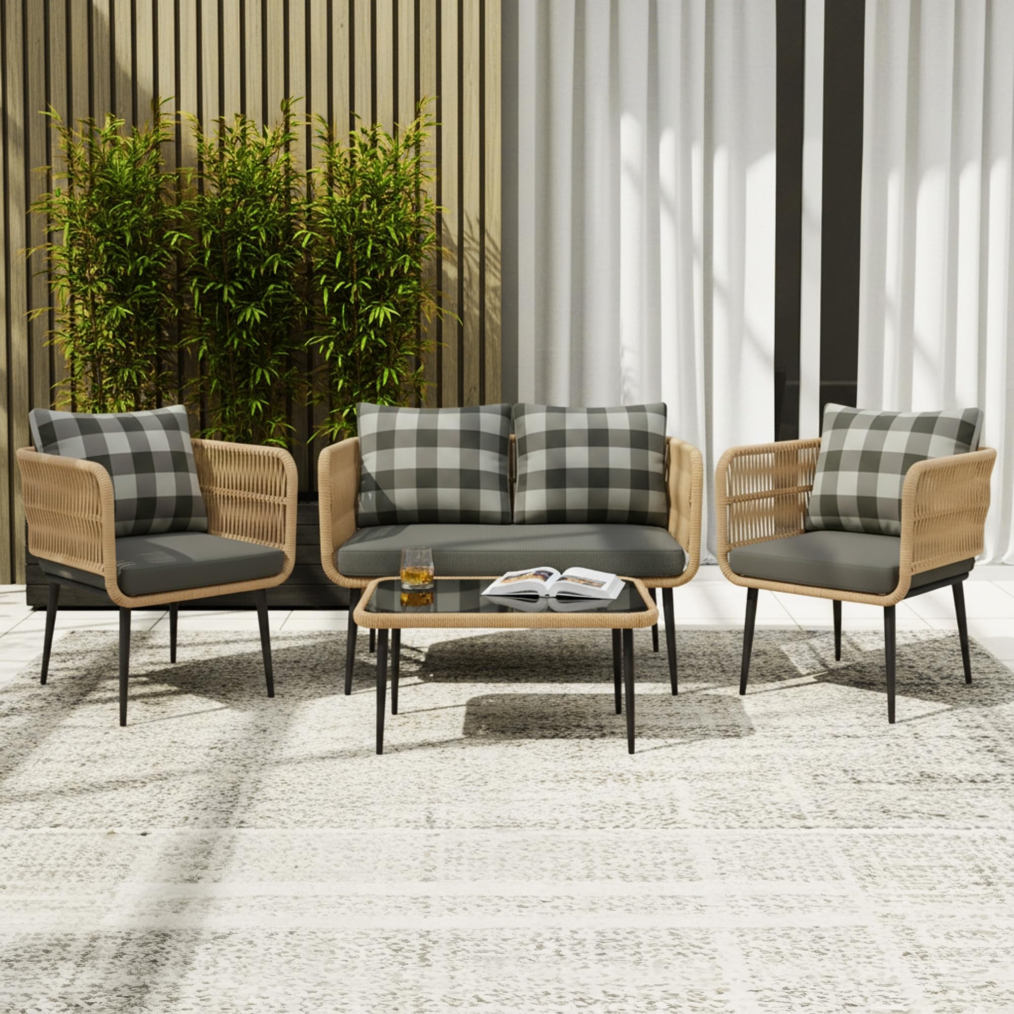 DEVOKO Outdoor Rope 4-Seater Sofa Set with Glass Top Table & Water-Resistant Cushions, Durable Metal Frame, Handwoven Rope Furniture Perfect for Garden, Patio, Pool Deck & Balcony (Beige & Dark Grey)-image-39