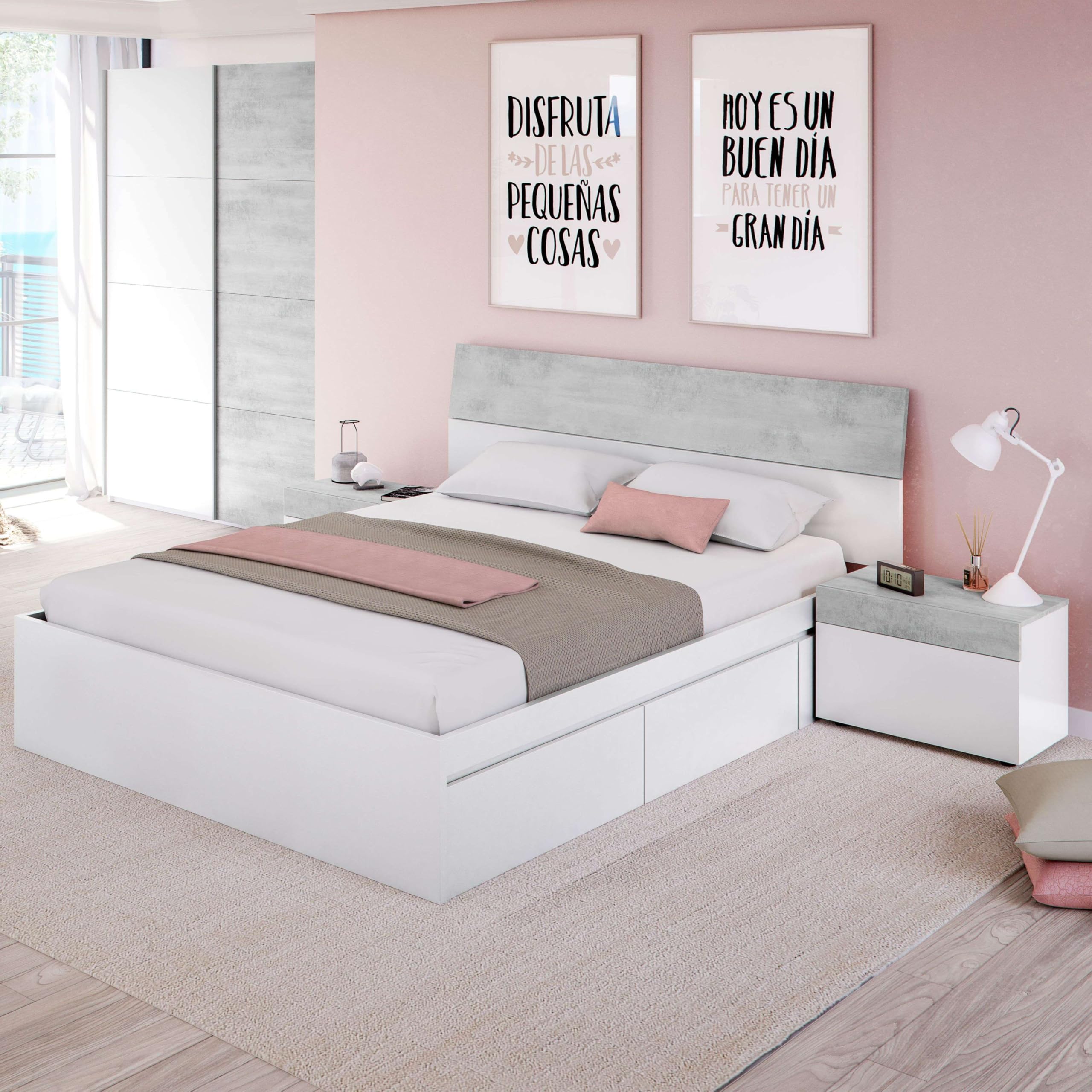 Habitdesign Estructura Cama Matrimonio con 4 Cajones, 156x196x37 (AnchoxFondoxAlto-en cm), Estructura Cama Doble Color Blanco Artik, Modelo Kendra (Sin Somier)