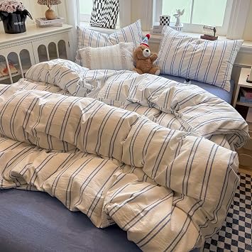 HighBuy Vintage Striped Comforter Set Twin XL Size for Teen Boys Blue Stripes Pattern Farmhouse Chic Bedding Set 3 Pieces Breathable Striped Comforter with 2 Pillowcases