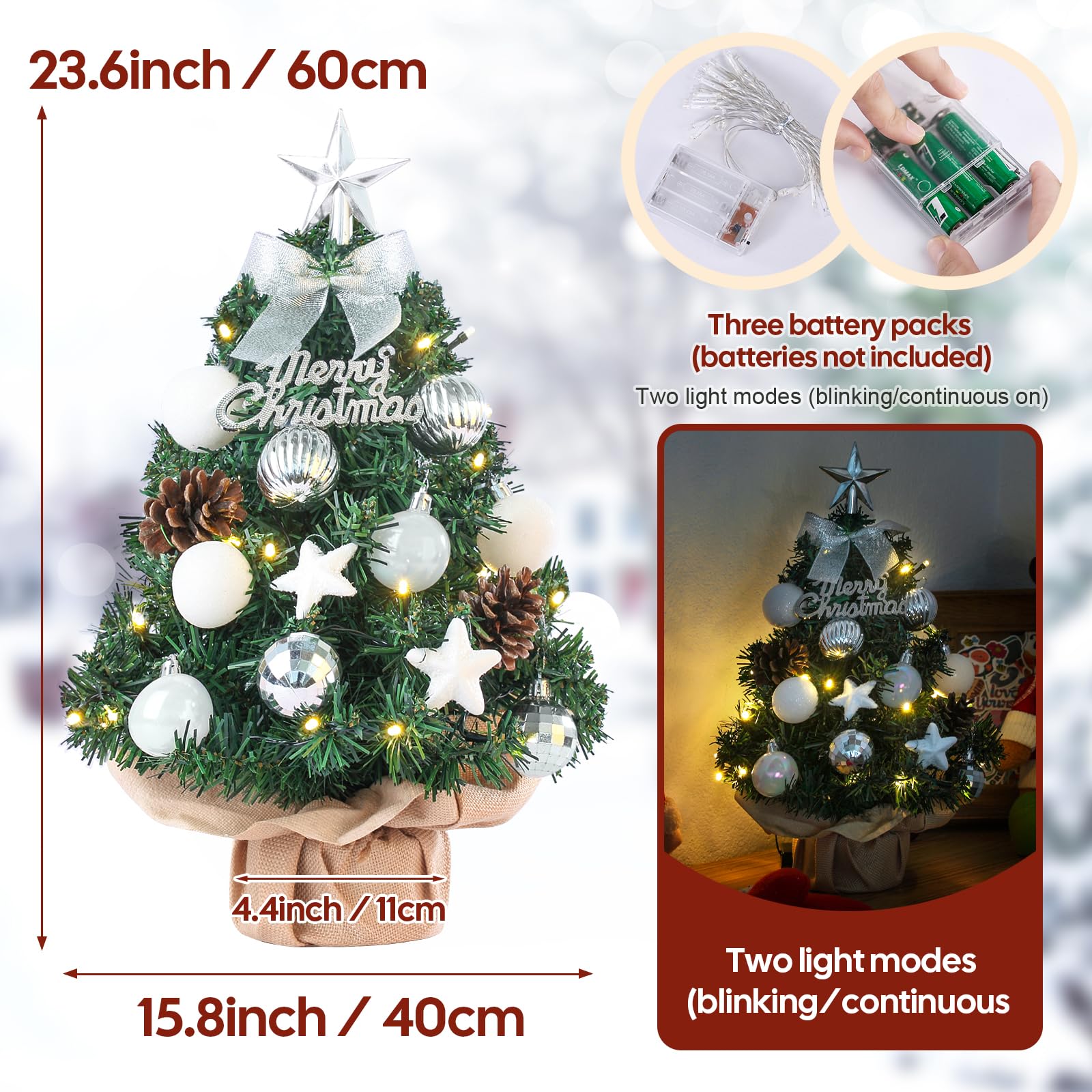 Mini Sapin De Noël Artificiel YORBAY 40cm Avec LED Et Guirlandes 2,8m