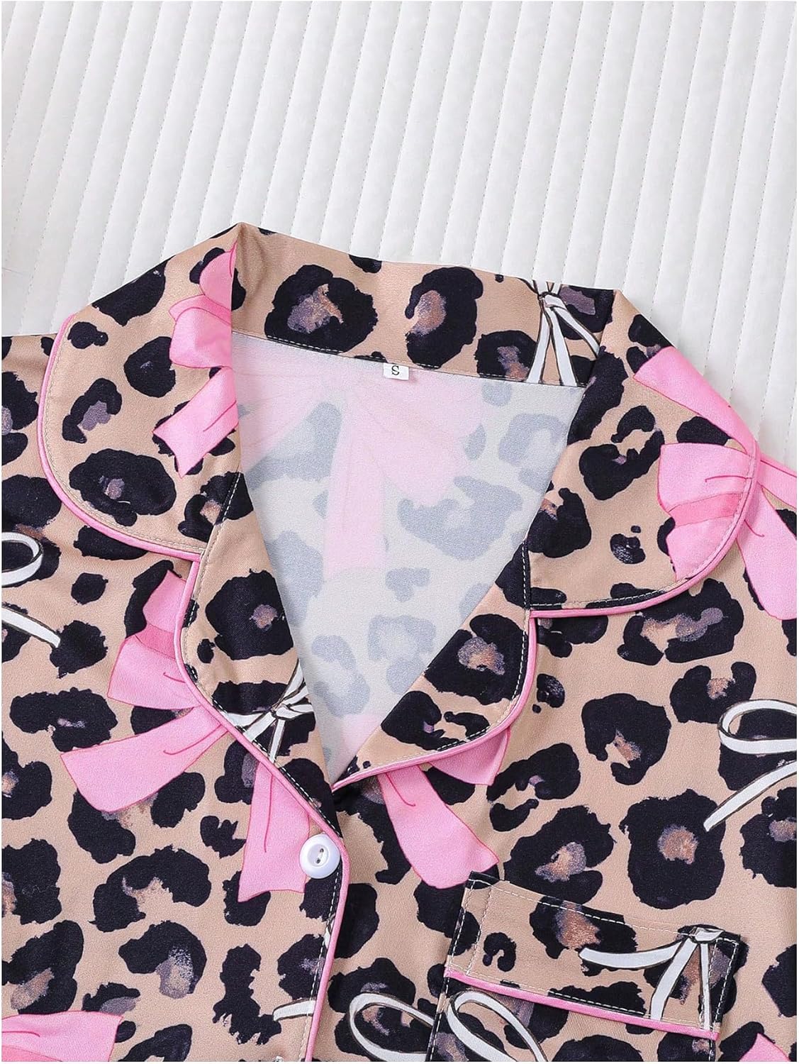 SHENHE Women's Leopard Bow Pajamas Set Long Sleeve Button Down with Pants Sleepwear Lounge Set - Image 3