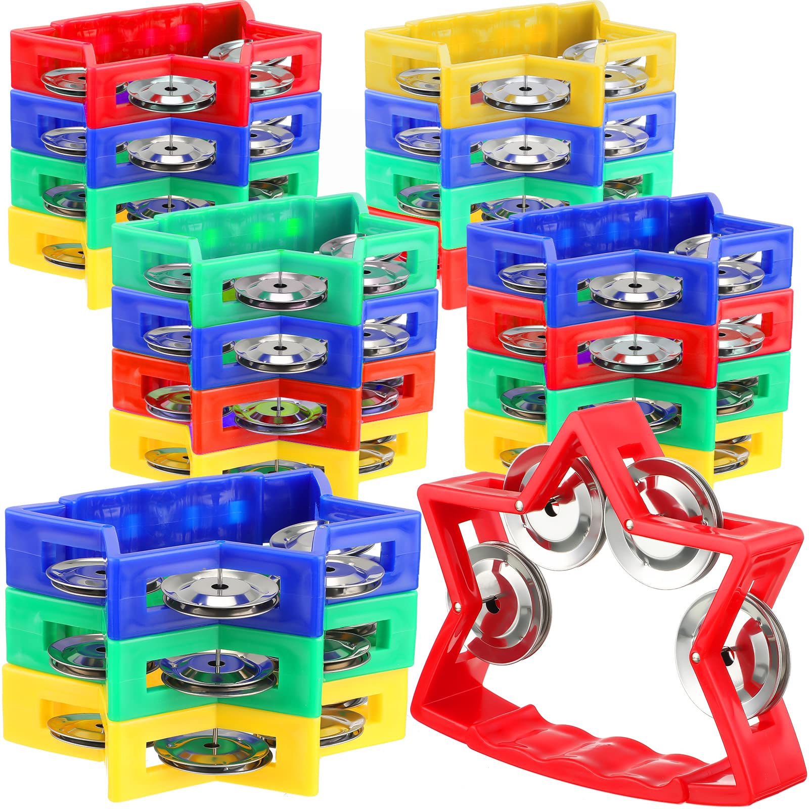20 Pack Plastic Percussion Tambourine for Kids Noise Makers Tambourine Handheld Musical Percussion Instrument with Jingle Bells for Kids Adults Party School and Party 4 Colors