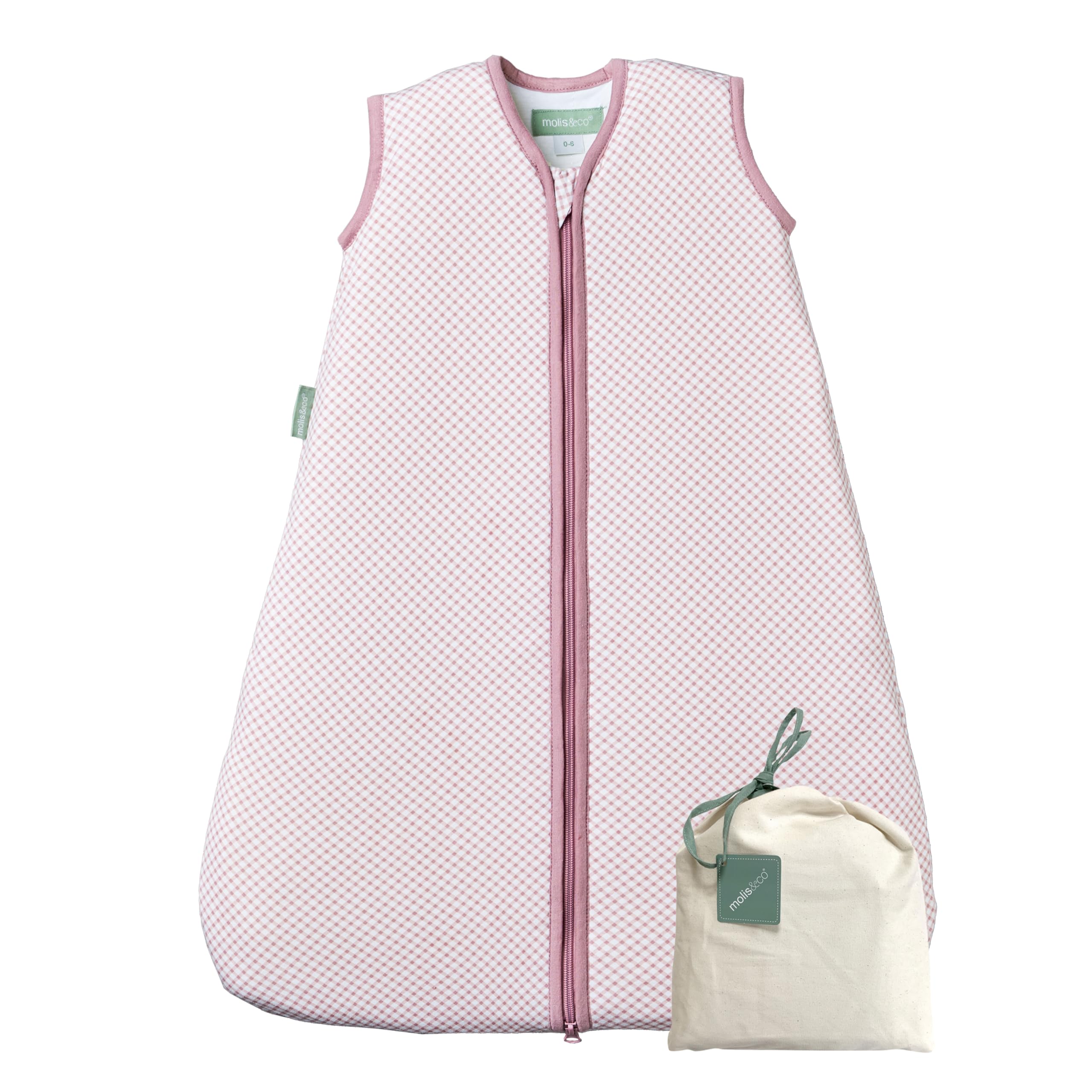 molis&co - Baby Schlafsack ärmellos - Ideal für Frühling und Herbst - Babyschlafsack 1 tog ohne Ärmel - Leicht gepolstert - 100% Baumwolle (Oeko-TEX 100), Premium Qualität - Vichy Pink (85 cm)