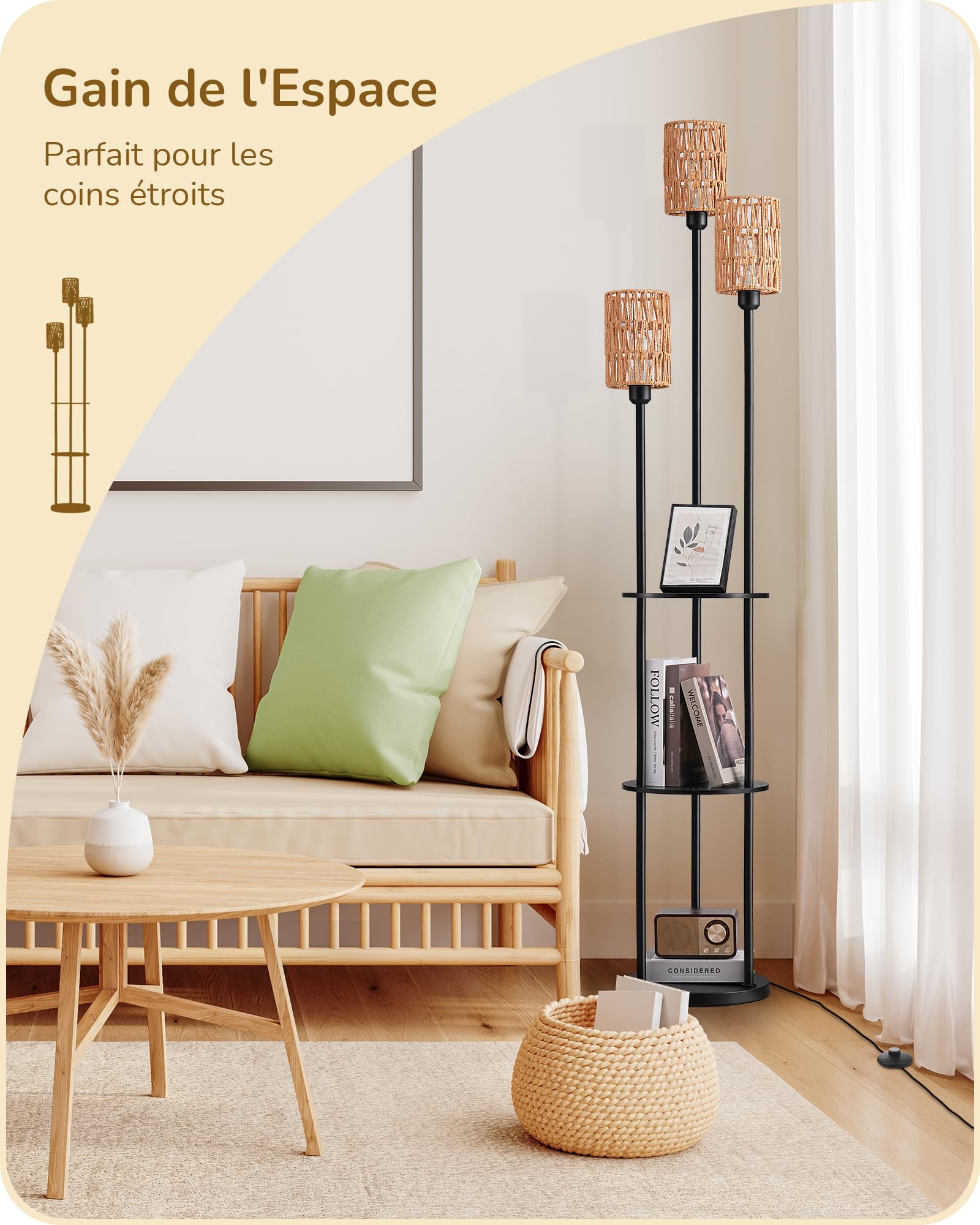 EDISHINE Lampadaire sur Pied Bohème Vintage avec Étagère de Rangement, 3 Abat-Jours en Rotin Naturel, 3xE27 Ampoules LED Incluses, Interrupteur au Pied, Lampe Salon, Chambre ou Bureau, 178 cm
