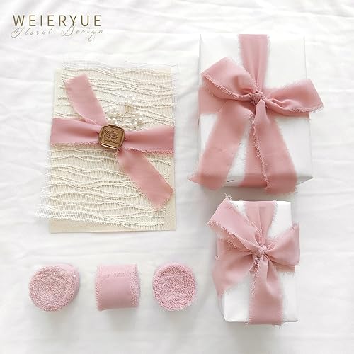 Miniatura 2 de Juego de 3 rollos de cinta de gasa con borlas de 1.5 pulgadas x 7 yardas, cinta sedosa deshilachada para invitaciones de boda, ramos, envoltura de