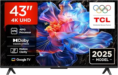 TCL 43V6C-UK 43″ 4K Ultra HD, HDR TV, Smart TV Powered by Google TV (Dolby Audio, Voice Control, compatible with Google assistant, Chromecast built-in, 2025 New Model)