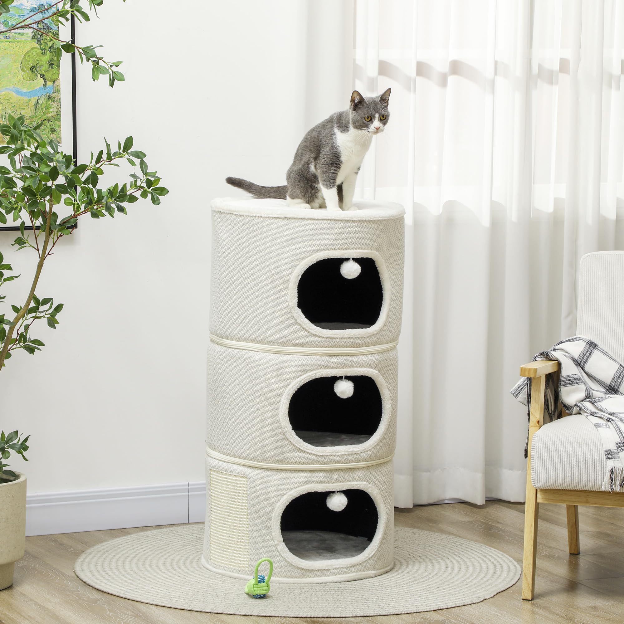 PawHut Tonneau à griffer, 100 cm de Haut Tonneau à Chat avec 3 cavités, Arbre à Chat avec balles de Jeu, Tour pour Chats en sisal, pour Chat jusqu'à 6 kg, Beige+CrèmeBlanc