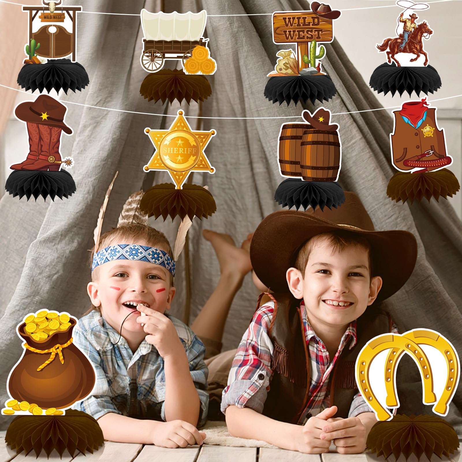 10 piezas de decoración de fiesta occidental, centros de mesa de panal de abeja de vaquero