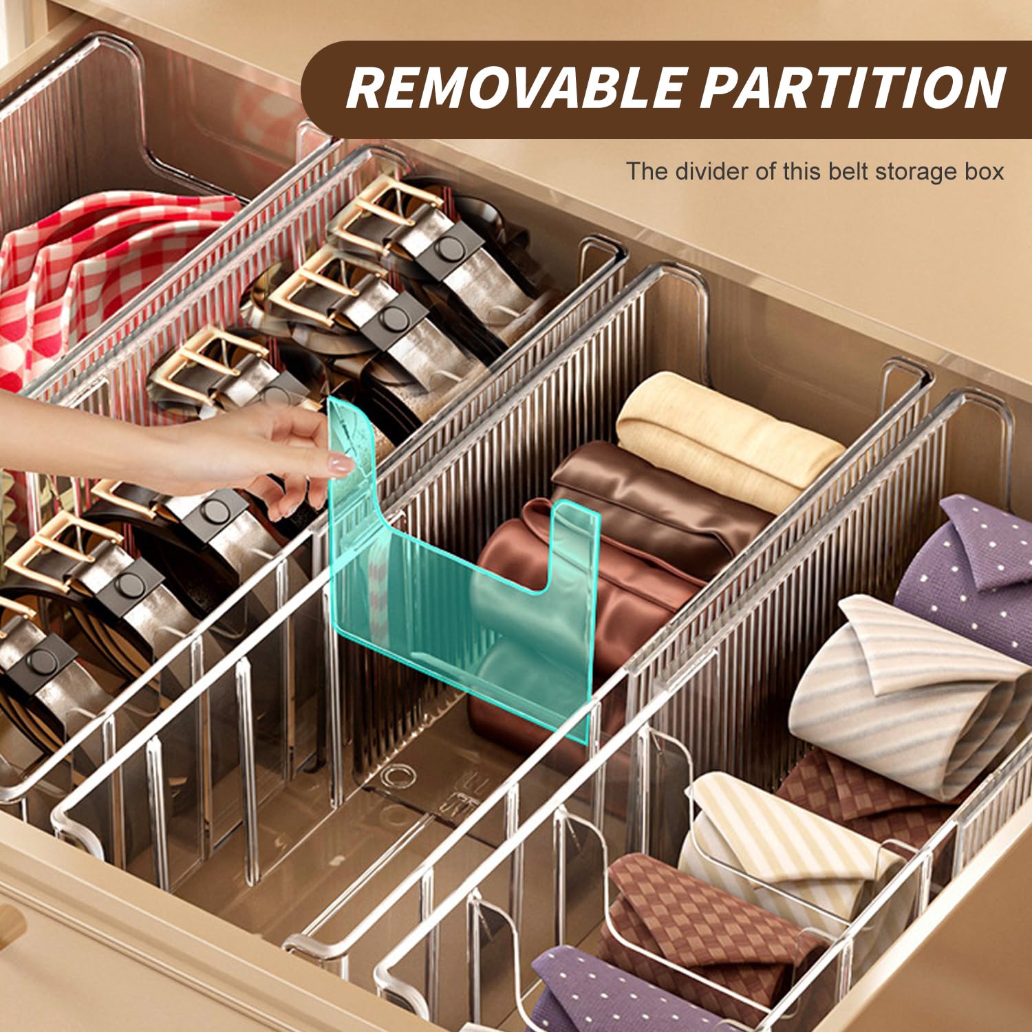 Organizer Cinture, Estensibile Porta Cinture da Armadio e Cassetto con 7 Scomparti, Scatola Organizzatore per Cintura Orologi e Accessori, Divisoria Rimovibile, in Acrilico Trasparente