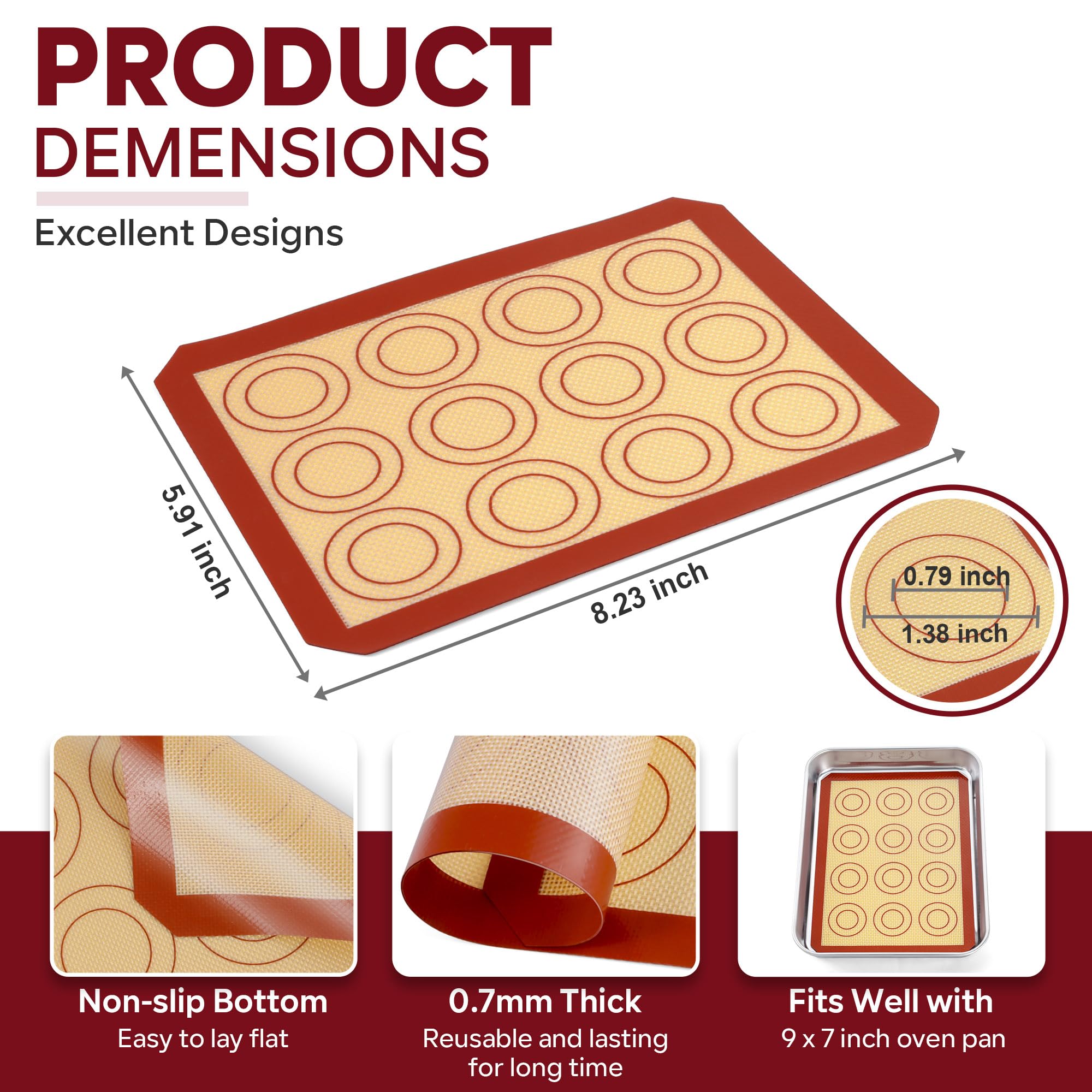 P&P CHEF 8.6 Inch Silicone Baking Mats, 2 Pcs Reusable Silicone Oven Mat, Non Stick Baking Supplies for Macaroon Pastry Bread Dough Cookie, Fits Well with Sheet Pan, Healthy & Easy Clean