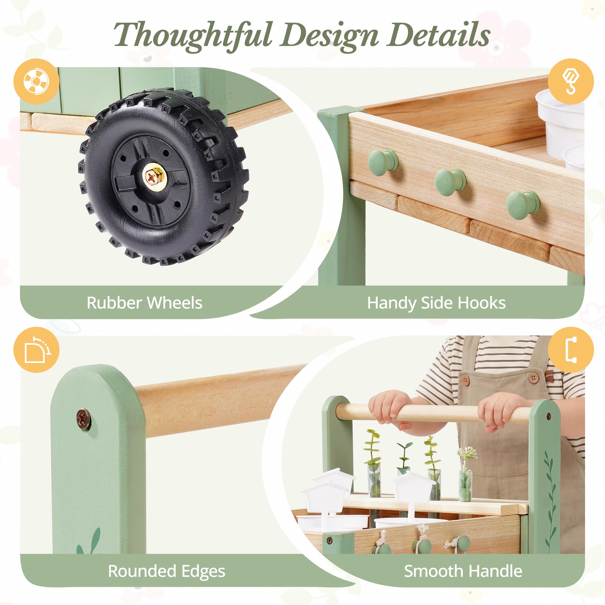 ROBOTIME Carrello da giardino in legno per bambini, con 4 bicchieri e 4 provette idroponiche, annaffiatoio, 3 attrezzi da giardino, etichette per piante e schede di registro per piante, a partire dai