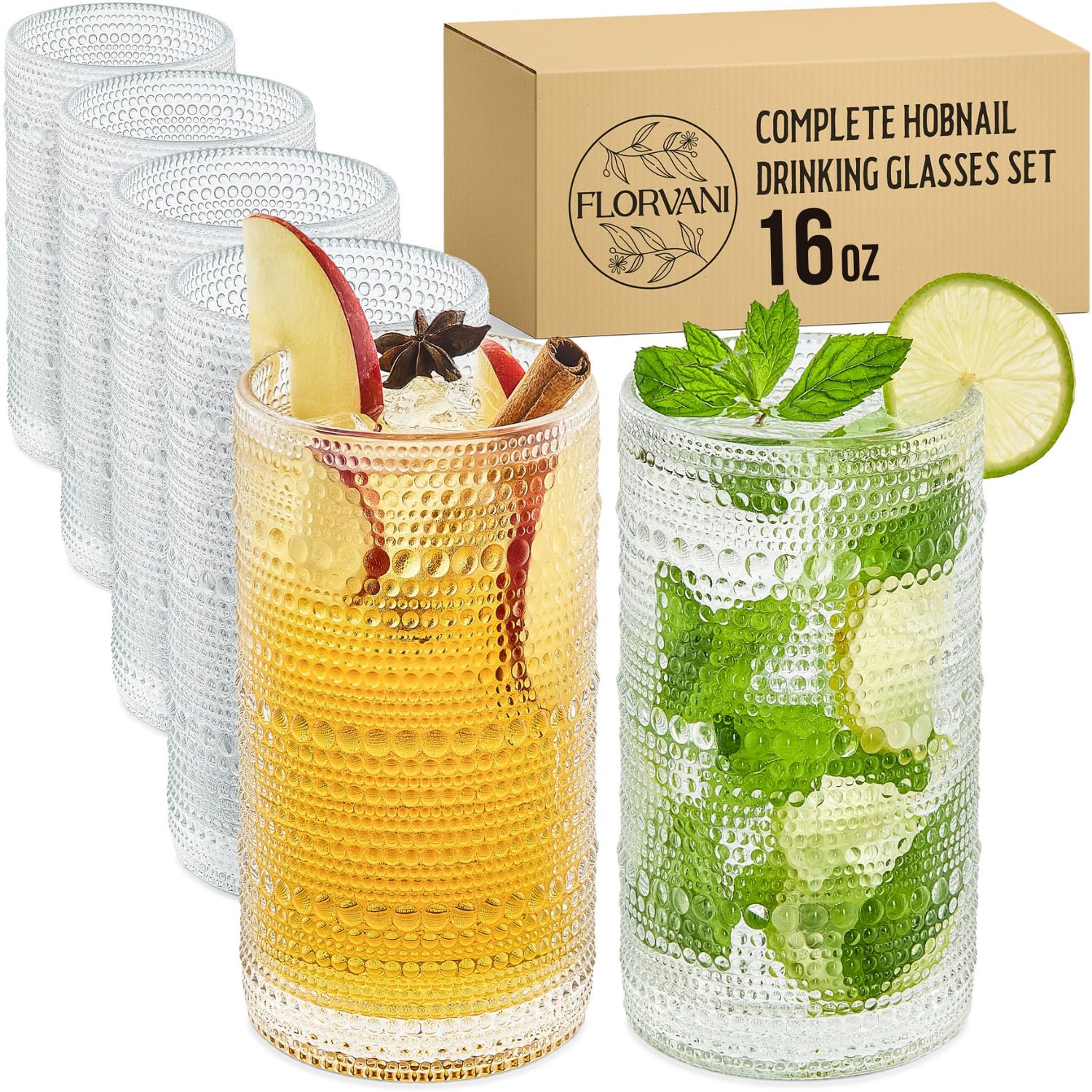 16 Oz Hobnail Drinking Glasses Set of 6 - Clear Multipurpose Glassware Sets Decorative Stylish Glasses Drinking Set