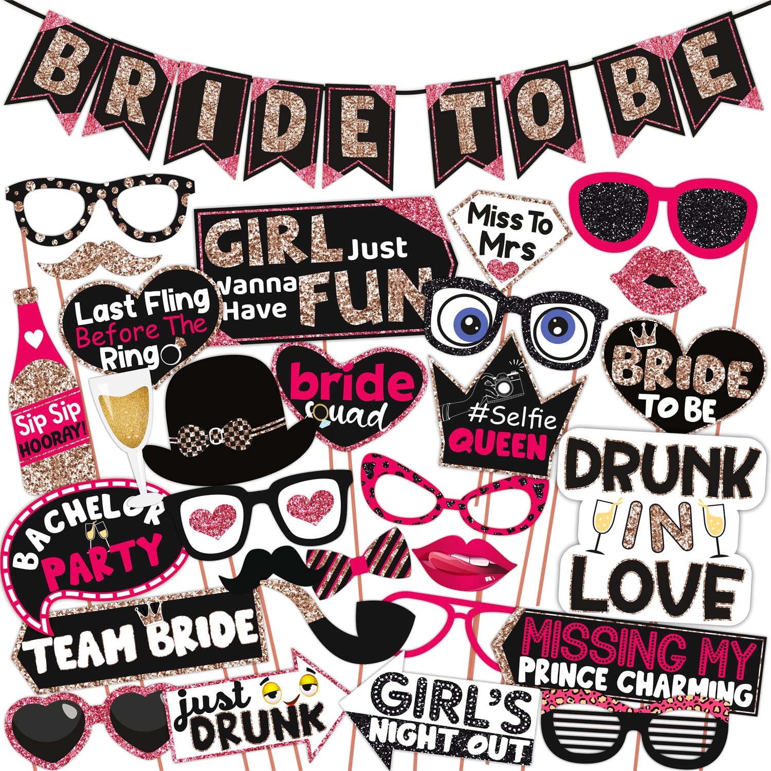 WOBBOXWobbox Bachelorette Photo Booth Props Copper Glitter with Pink Lime Bride to be Bunting Banner, Bachelorette Party Props, Bachelorette Party Supplies