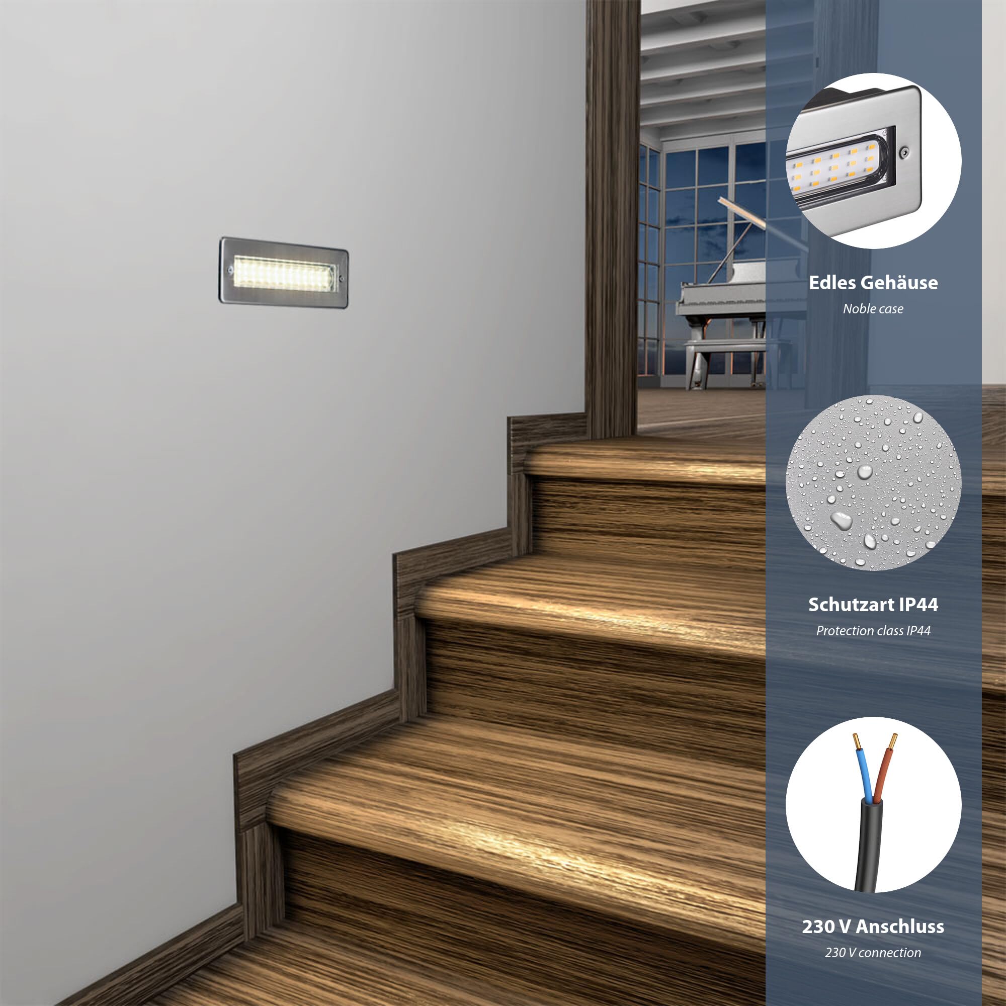 ledscom.de 5x LED Treppenlicht/Wandeinbauleuchte für innen und außen, eckig, edelstahl, 198 x 61mm, 2,2 W, 248lm, warmweiß