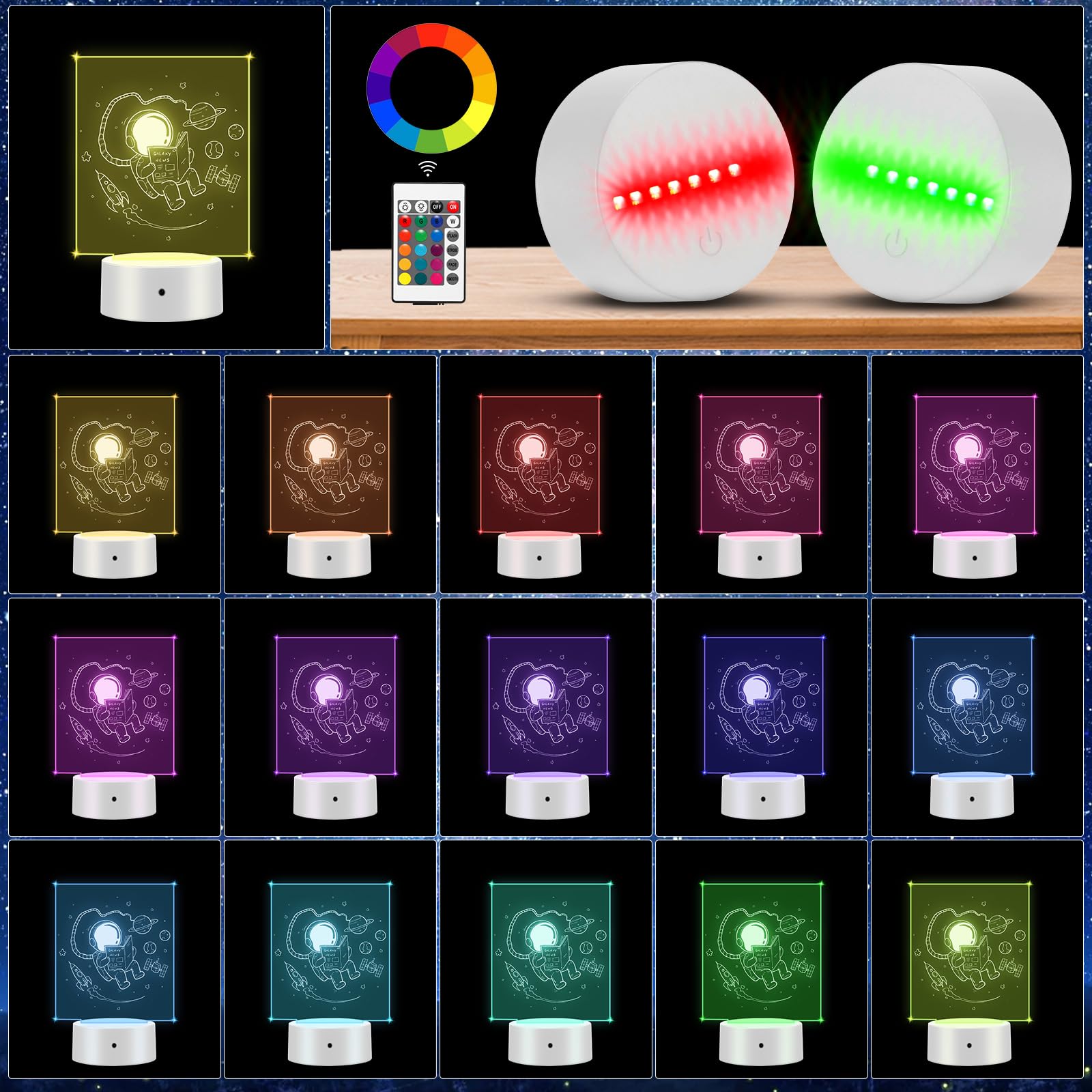 Attacco LED 3D notturno, attacco LED ONEVER16 colori con 10 base luce in acrilico fai da te, base luminosa a LEDs con telecomando e controllo touch per camera da letto (foglia quadrata tipo bianco)