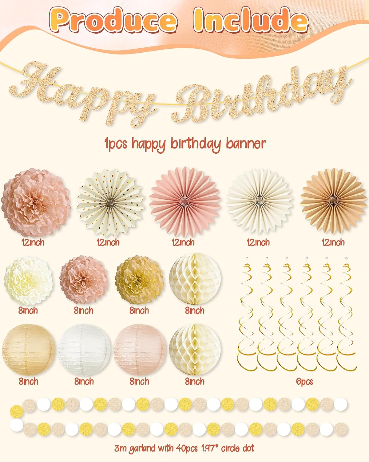 Champagne-Gold Beige Happy Birthday Decorations, 21pcs Fall Boho Birthday Banner Sweet 16 Birthday Party Decorations Sign for Girls Women18th 21th 30th 40th 50th 60th 70th 80th image 4
