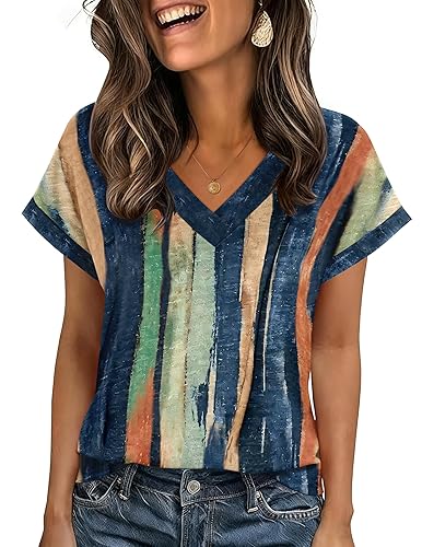 Zeagoo Womens Summer Tops Rolled Short Sleeve V Neck Shirts