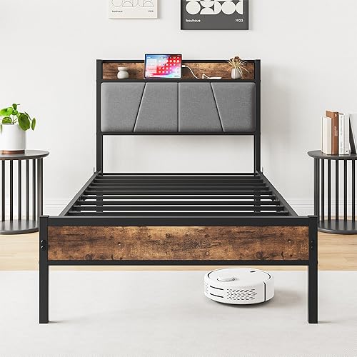 Miniatura 4 de Anwick Cama individual de metal, base de cama industrial tamaño individual con cabecera y 2 puertos USB, base de colchón resistente con