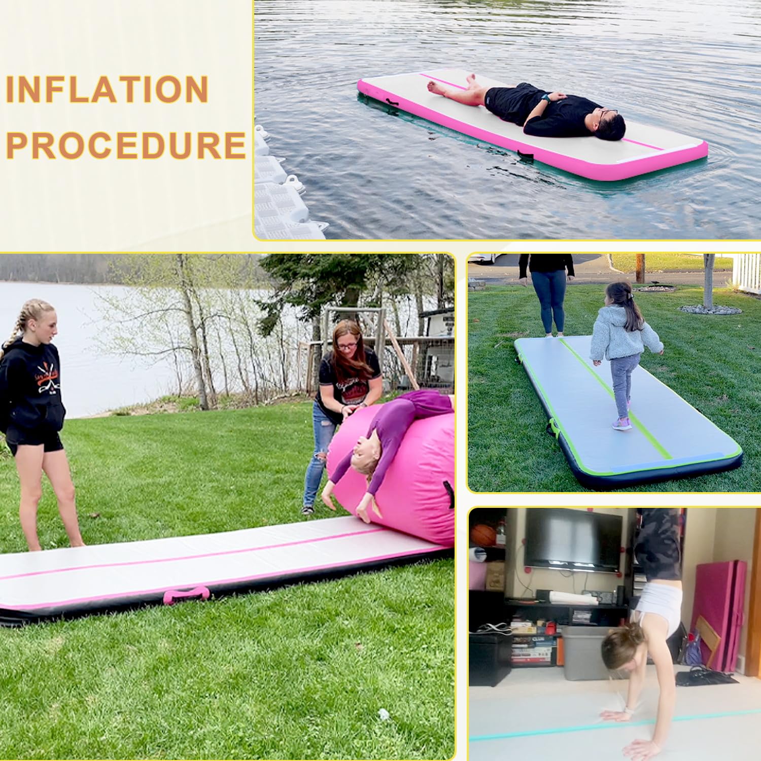 Tappetino da ginnastica gonfiabile, per allenamento ad aria, per bambini, 4/8 pollici, con pompa, per palestra, yoga, cheerleading/casa