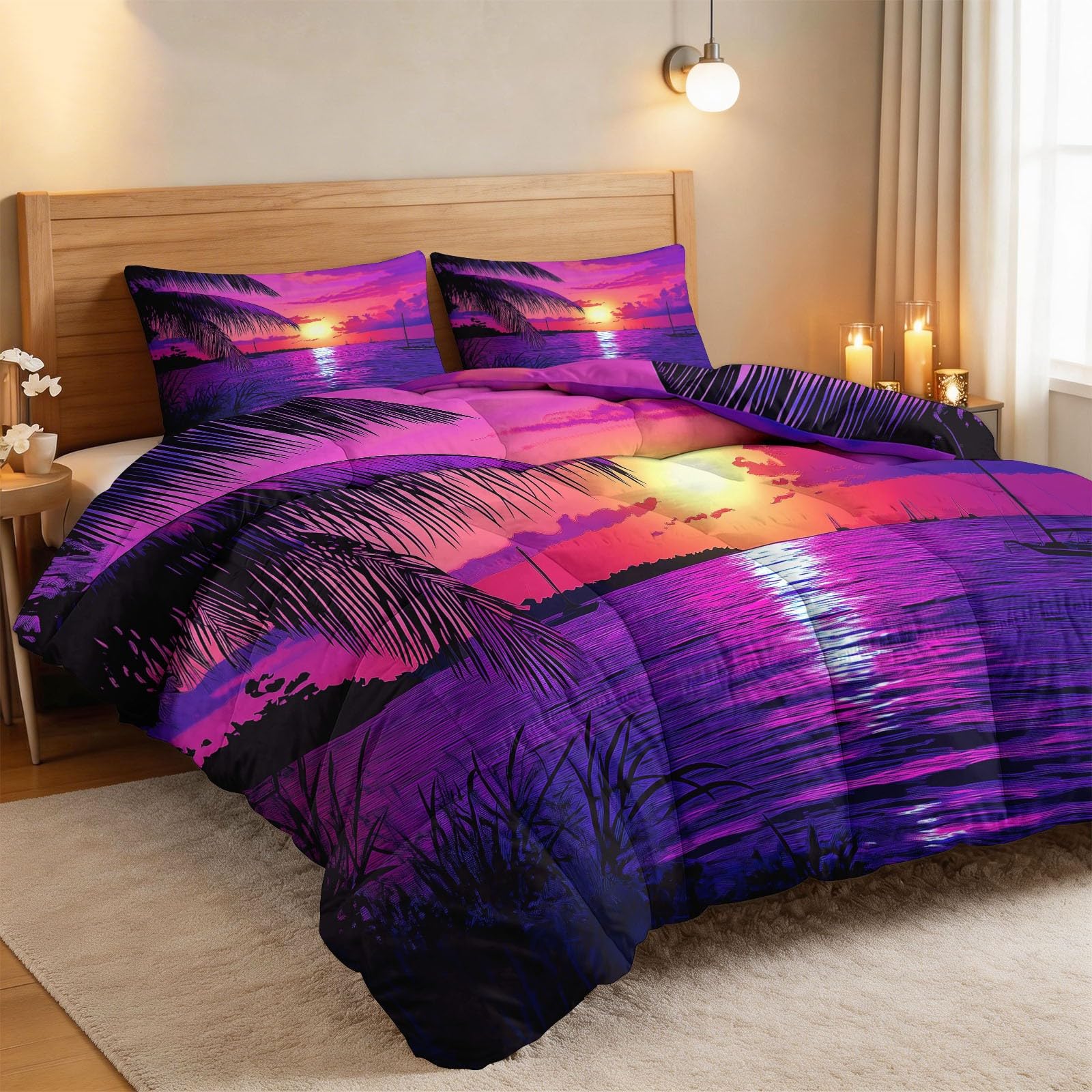 Generisch Kołdra 200 x 200 cm, rozmarzony zachód słońca, fale palmy, na 4 pory roku, pikowana, czarna, bez poszewki, oddychająca i miękka kołdra całoroczna – nadaje się do prania z poszewką na