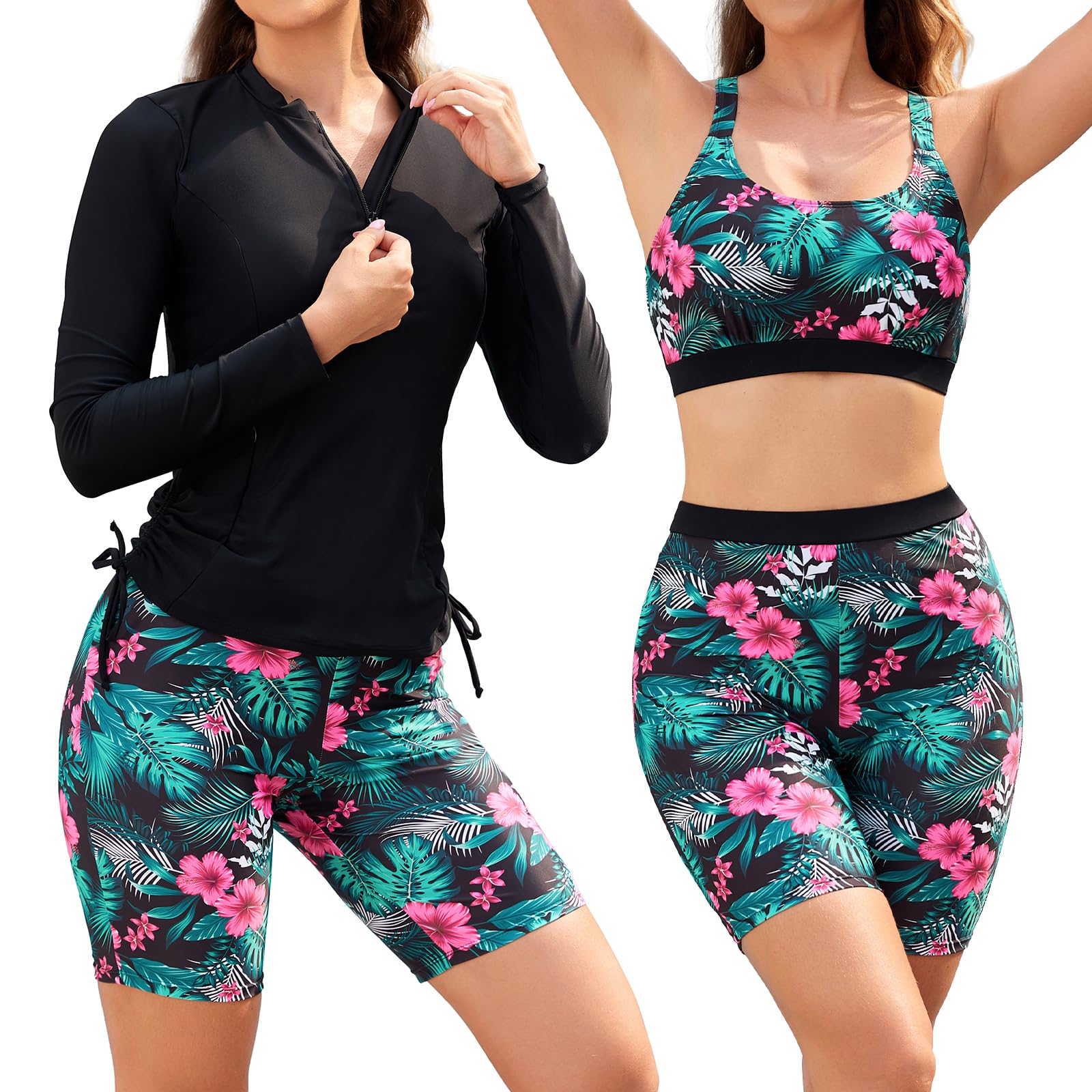 SHEKINI Conjunto de traje de baño de 3 piezas para mujer, brasier integrado, camiseta sin mangas de manga larga con cremallera, pantalones cortos, parte inferior de traje de baño