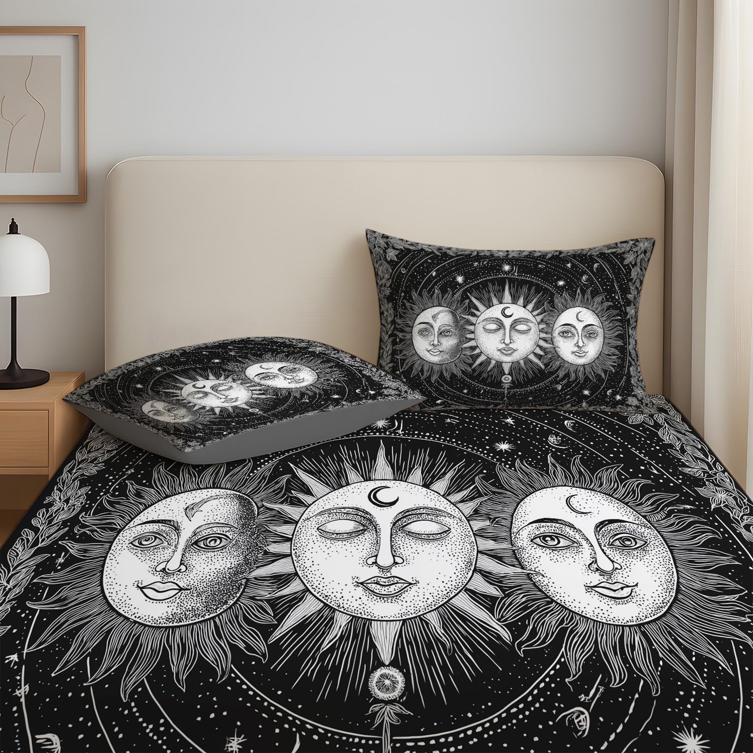 King Fitted Sheets - Bed Sheets Breathable and Luxury Microfibre Bedding Sets 160 x 200 cm, Celestial Faces, Sun & Moon, Mystic Classical, Retro Totem, Artistic Bedroom