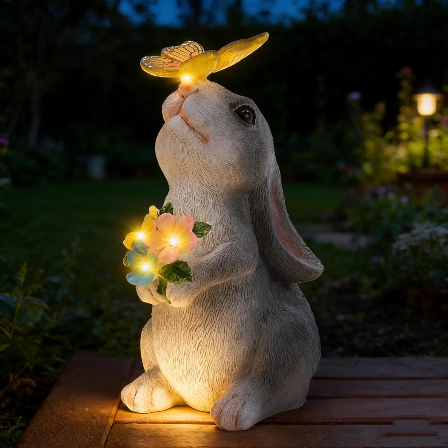 Solar Garden Decor Bunny with Flowers Statues Outdoor, Outdoor Figurine Statue Lights, Outdoor Garden Yard Lawn Patio Decoration, Unique House Warming Birthday Present for Women Family