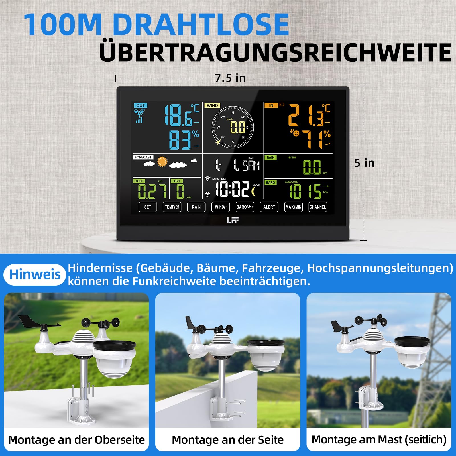 LFF WLAN Wetterstation mit Funk mit Außensensor, 7in1Wifi Funkwetterstation mit APP, 7,5-Zoll Farbdisplay, UV-Index, Windgeschwindigkeit, Windrichtung, Niederschlag, Temperatur, Luftfeuchtigkeit