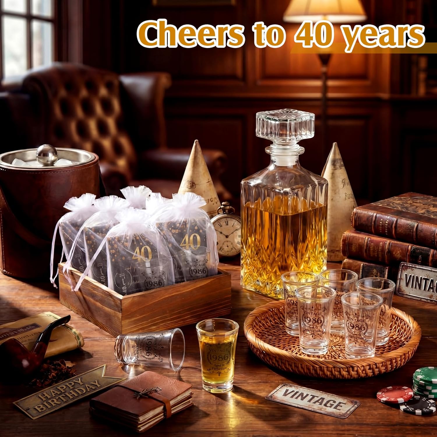 LemonRoad 50 Set 40th Birthday Party Favor for Guest Bulk, 1.4 oz Plastic Shot Glasses Cup, Cheers to 40/50/60/70/80 Years Beer Bottle Opener Keychain Thank You Card Gift Bag for Souvenir Party Gift