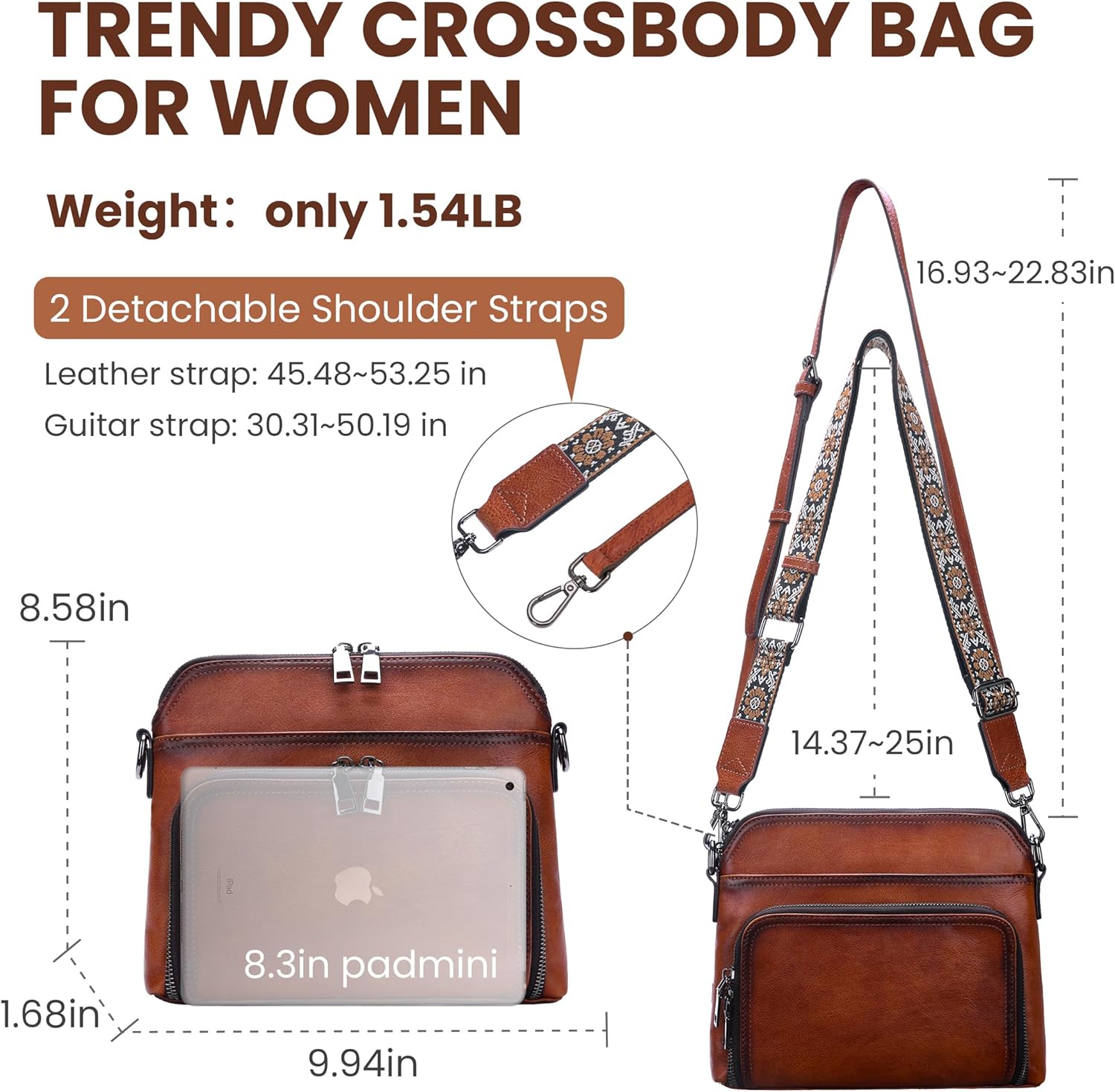 HESHE Genuine Leather Crossbody Bags for Women Satchel Purses Shoulder Handbags with 2 Adjustable Strap Hobo Purse - Image 5