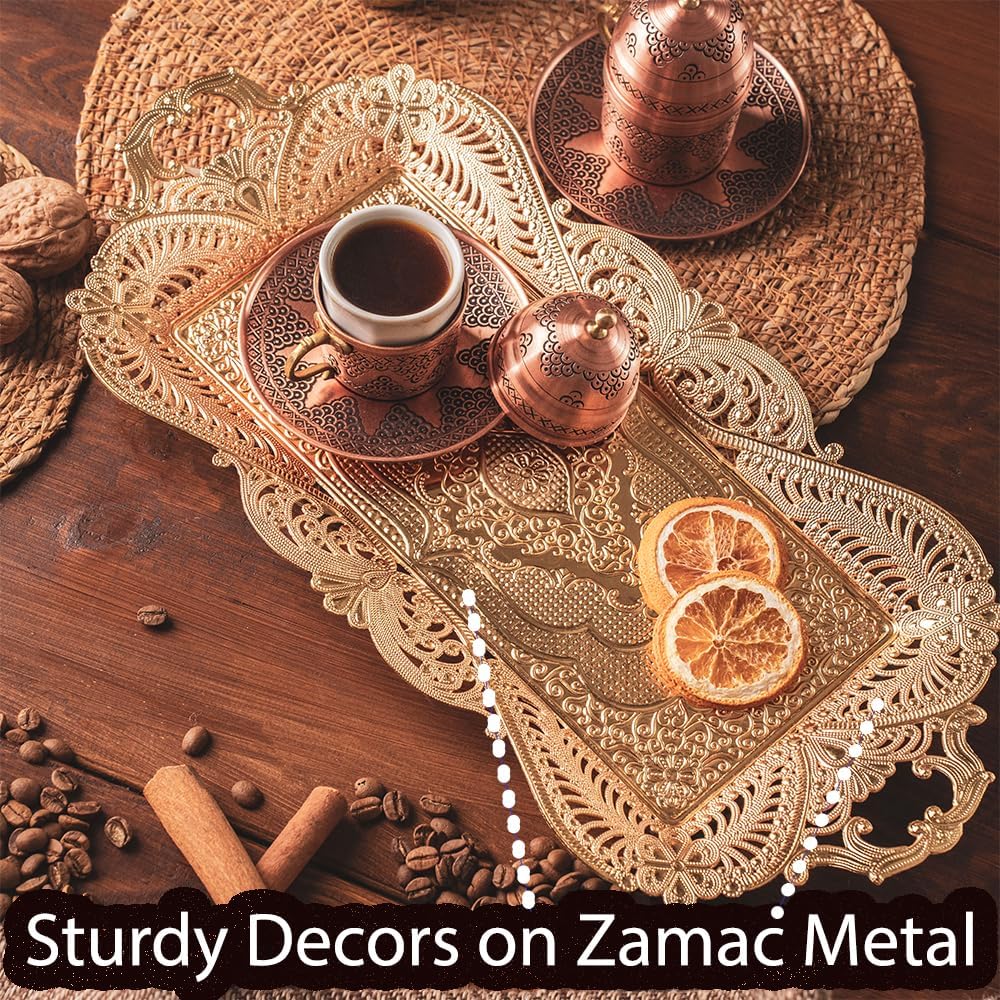Small Gold Turkish Tea Coffee Serving Tray Table Decor Decorative Handles Rectangle - Gold Rectangular Candle Rustic Farmhouse Home Kitchen Brass Moroccan Style Traditional Fancy Tray Decor