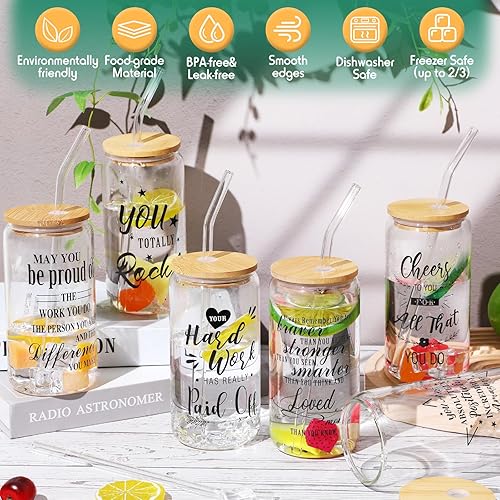 Miniatura 2 de Suttmin Regalos de agradecimiento - Vasos de vidrio de 16 onzas con tapas de bambú, popotes, vasos de café helado, vasos con forma de lata de