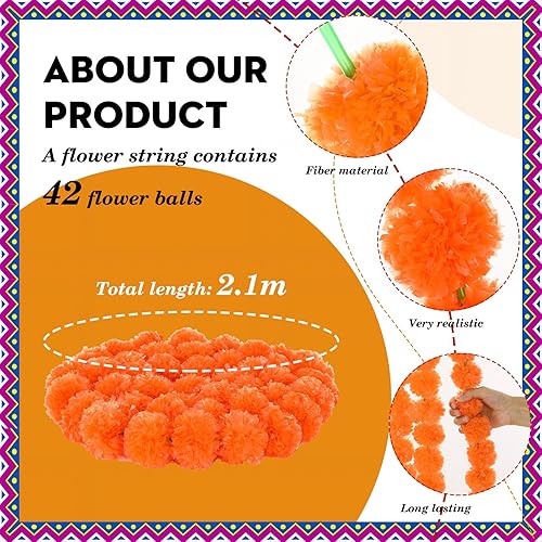 Miniatura 2 de 20 guirnaldas de caléndula naranja de 7 pies para decoración del día de los muertos, flores de caléndula artificiales indias mexicanas a granel,