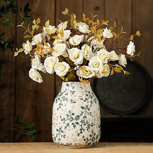 Green and Beige Vintage Vase, Chinoiserie Floral Vase, Rustic Ceramic Large Vases for Home Decor, Living Room, Bookshelf, Office, Grand Millennial Decor, Chinoiserie Decor, Tuscan Decor 7.8 Inch